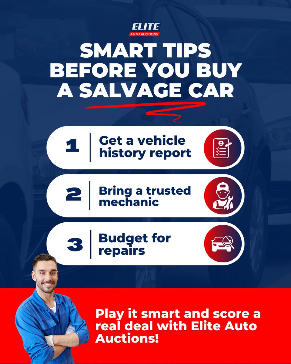 eliteauctions14's tweet photo. Thinking about buying a salvage car? 🛠️
It’s a bit like treasure hunting—exciting, but you’ve got to know where to look.
Here’s how smart buyers pick the right salvage cars!
#EliteAutoAuctions #DreamCar #AutoAuction #UsedCars #WholesaleCars #CarBidding #BidLikeAPro #CarGoals https://t.co/ptxoB8xCTS