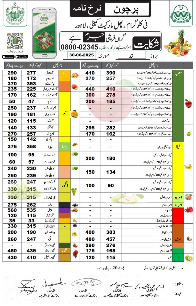 DCLahore's tweet photo. Today Notified Rate list of Essential Commodities. 30 June, 2025

Please call at 080002345 for any complaint or inbox us.

Download Punjab Qeemat app register your complain. 

#LahoreDistrictAdministration 
#Ratelist #PriceControl https://t.co/YxHw7Yydn0