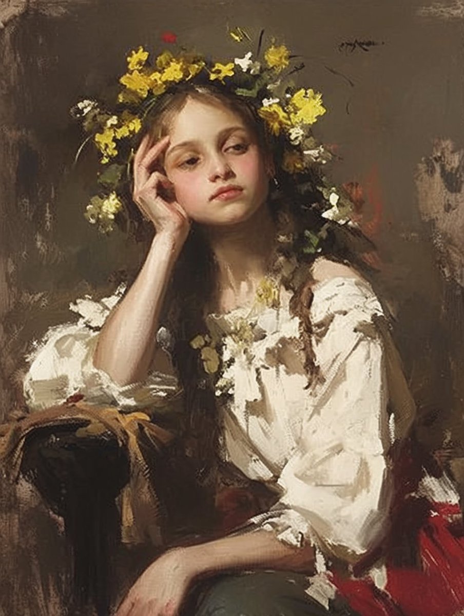 ParfaiteArt's tweet photo. Flower Crowned: A Portrait of Youthful Contemplation
Be captivated by the serene beauty of this portrait. The artist's skillful depiction of a young girl adorned with flowers captures a moment of youthful grace.
#ClassicPortrait #FlowerArt #YouthfulBeauty #ArtisticSkill #Painting https://t.co/A1kNT7I4B2