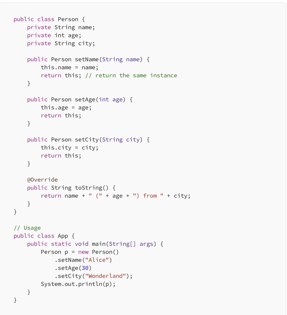 theskilledcoder's tweet image. 3) Fluent Interface / Method Chaining
Chain method calls for better readability. 
Communicates intent clearly (especially in builder-like objects).
Use in builders or config-style setups.
