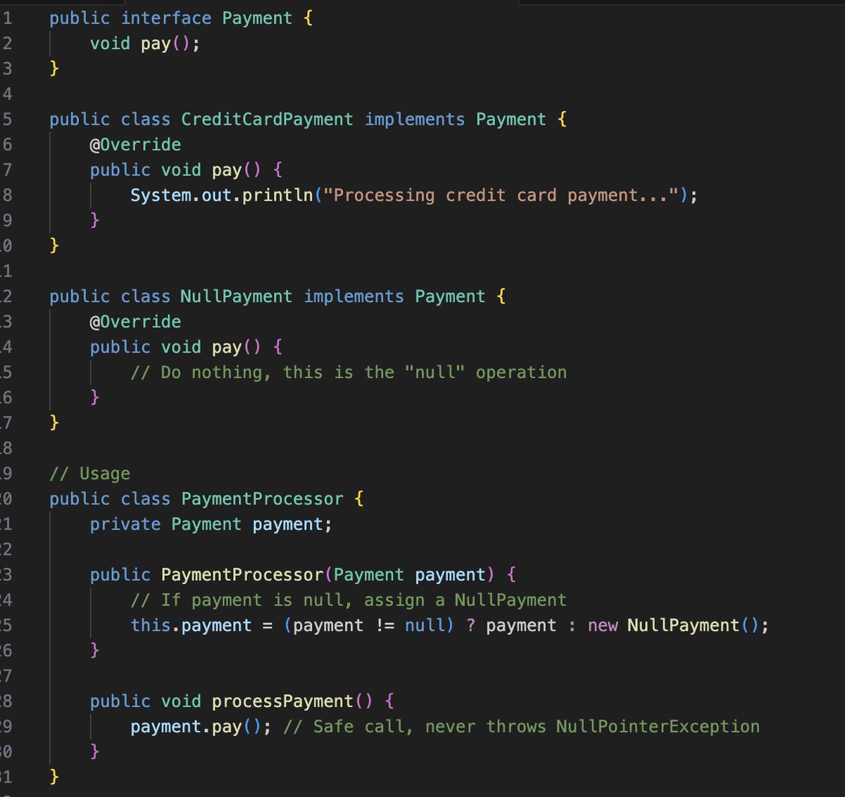theskilledcoder's tweet image. Some Rare but Invaluable Java Patterns 🧵
1) Null Object Pattern
Avoid null checks by using a no-op object that implements expected behavior.
It keeps code clean by avoiding conditionals around method calls (e.g., if (obj != null) everywhere).
Use when returning null leads…