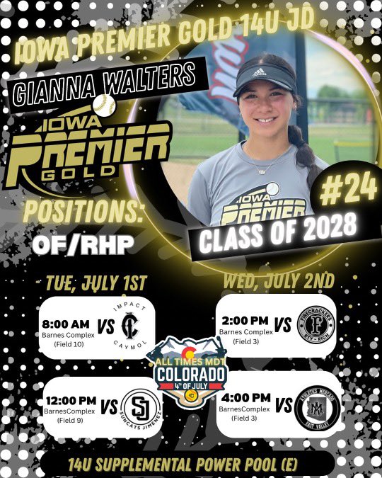 Gia Walters (@giawalters2028) on Twitter photo I’m excited for my week in Colorado! I’ll be participating in the Triple Crown Sports 14u Supplemental Power Pool. I’m excited to compete with my teammates at the CO Sparkler.
<a href="/IP_10_Chi/">Iowa Premier Gold 14U JD 🥎</a> <a href="/OliviaHPaz1997/">Olivia Paz</a> <a href="/EIU_Softball/">Eastern Illinois Softball</a> <a href="/BradleySoftball/">Bradley Softball</a> <a href="/RamblersSB/">Loyola Softball</a> <a href="/SIU_Softball/">Saluki Softball</a> <a href="/AuburnSoftball/">Auburn Softball</a> I’m excited for my week in Colorado! I’ll be participating in the Triple Crown Sports 14u Supplemental Power Pool. I’m excited to compete with my teammates at the CO Sparkler.
<a href="/IP_10_Chi/">Iowa Premier Gold 14U JD 🥎</a> <a href="/OliviaHPaz1997/">Olivia Paz</a> <a href="/EIU_Softball/">Eastern Illinois Softball</a> <a href="/BradleySoftball/">Bradley Softball</a> <a href="/RamblersSB/">Loyola Softball</a> <a href="/SIU_Softball/">Saluki Softball</a> <a href="/AuburnSoftball/">Auburn Softball</a>