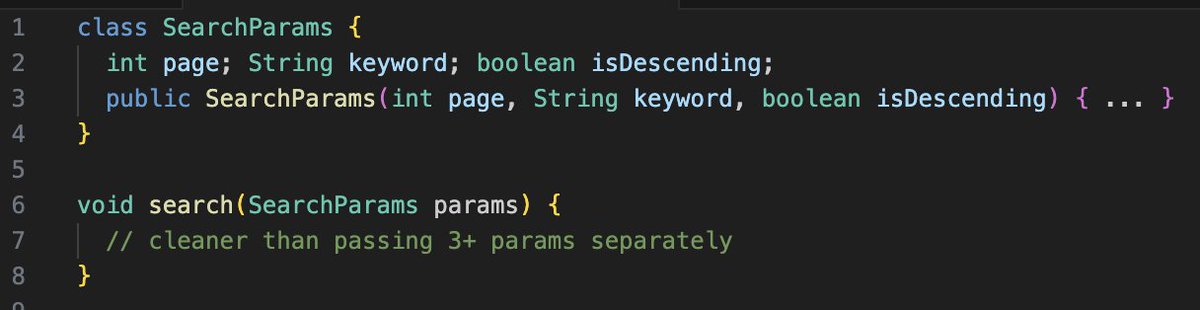 theskilledcoder's tweet image. 2) Parameter Object Pattern
Bundle related parameters into a single object. 
You can pass the parameter object around different layers, ensuring consistency.
Use when methods have too many related args.
