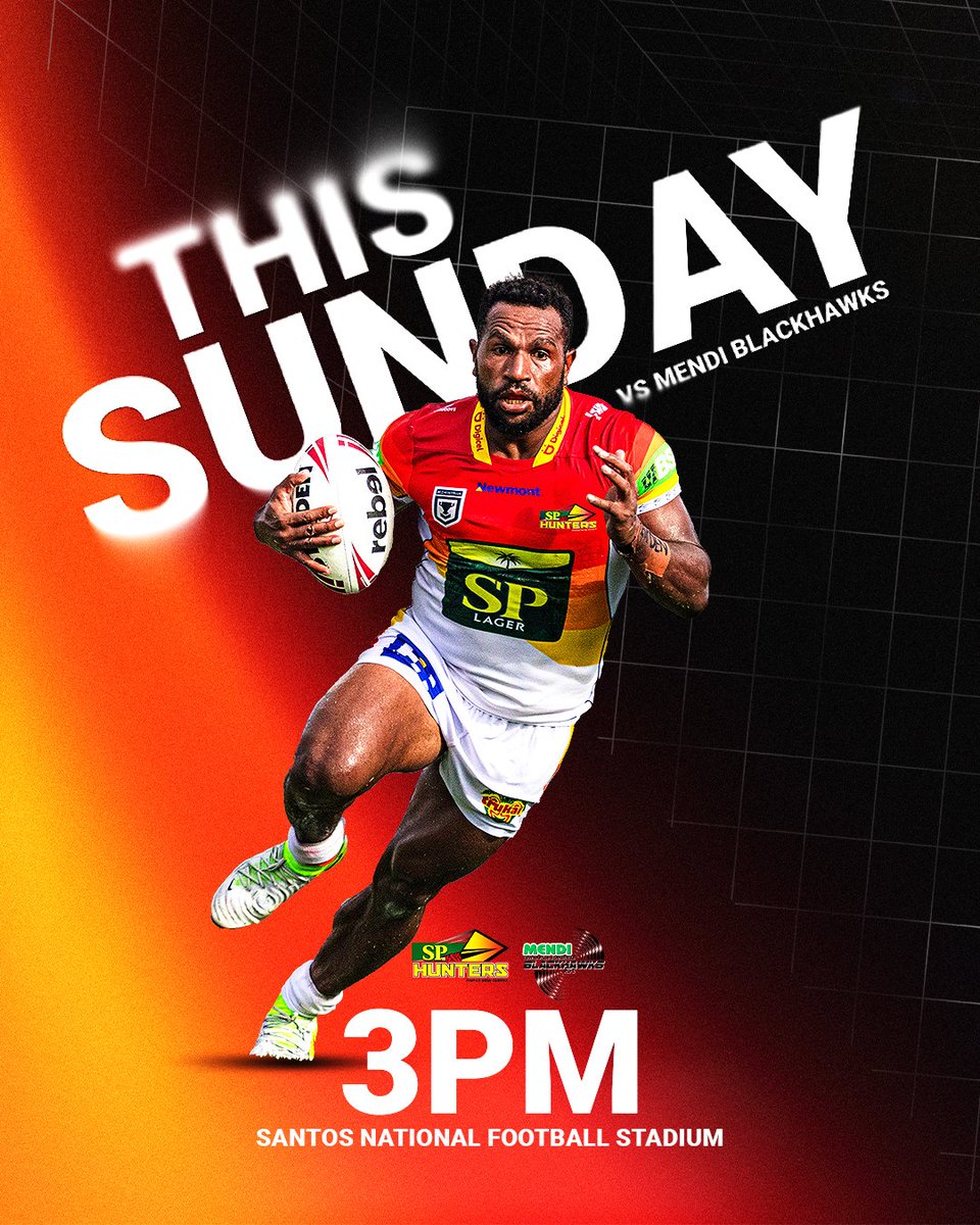 Its on again this Sunday at the Santos National Football Stadium!
Come watch the live Hostplus Cup action of round 16 as the SP PNG Hunters take on the Mendi Blackhawks!
Come join the hunt!
❤🏹🇵🇬

#jointhehunt