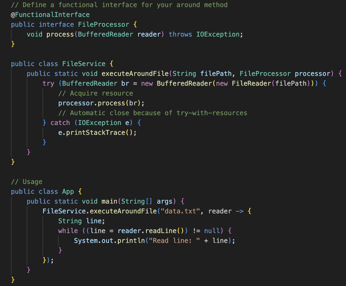 theskilledcoder's tweet image. 4) Execute Around Method Pattern
Abstract setup/teardown around an operation. 
Prevents resource leaks by always handling teardown properly.
Use for resource management (e.g. opening/closing files/DB).