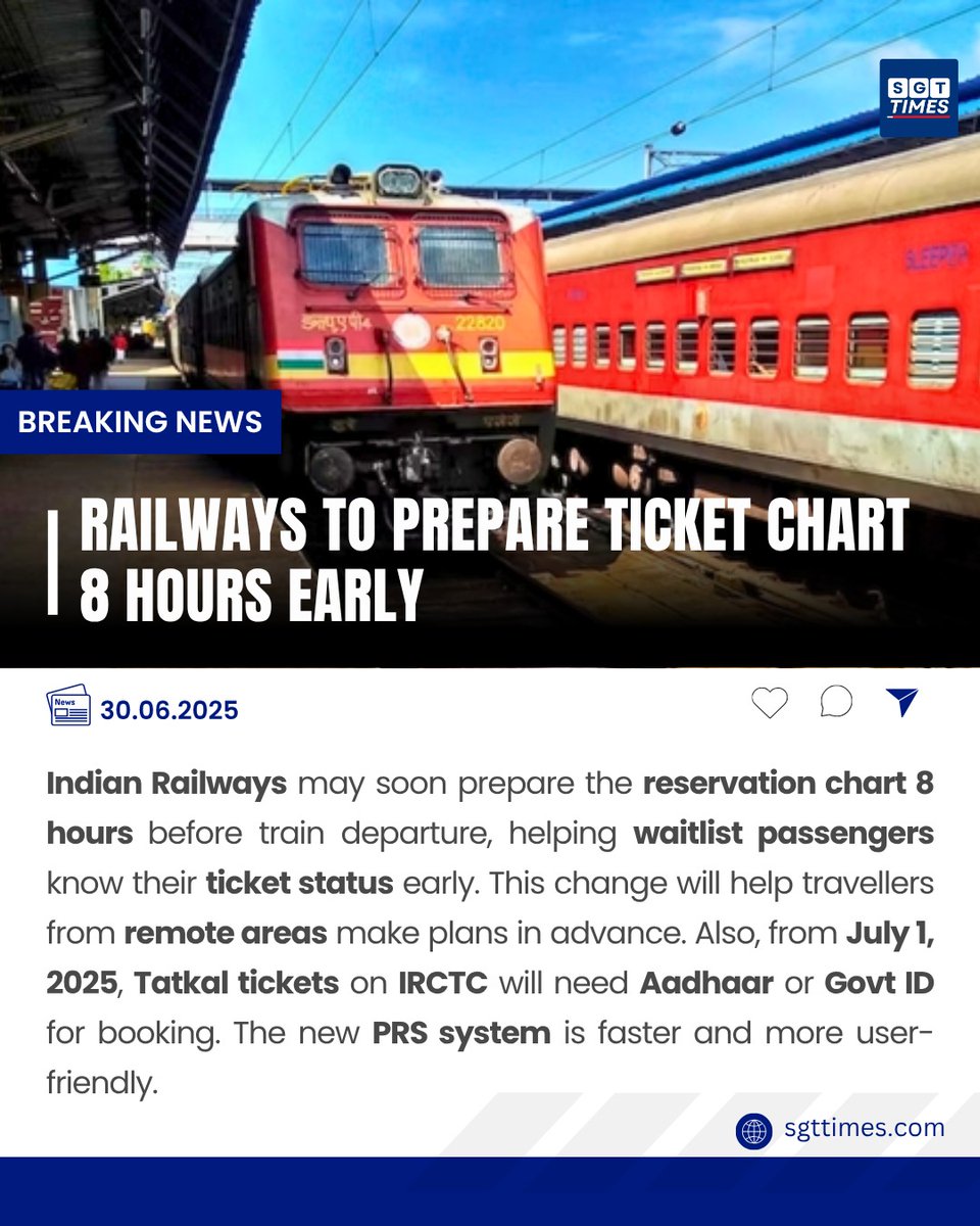 SGTTimes's tweet image. Soon, you can know your ticket status 8 hours before the train leaves. Tatkal booking will also be safer with Aadhaar ID from July 1, 2025.
#IndianRailways #ReservationChart #TatkalTickets #RailwayUpdate #TravelNews #AshwiniVaishnaw #IRCTC #PassengerNews #TrainTravel
