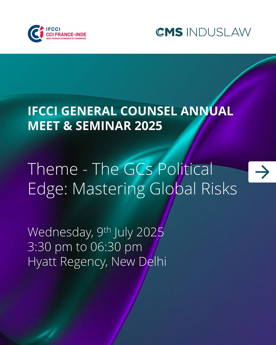 IndusLaw's tweet photo. We’re pleased to share that #IndusLaw's Avimukt Dar, will attend the #IFCCI GC Annual Meet 2025 on July 9 at Hyatt Regency, New Delhi, on “The Evolving Role of GCs in Global Compliance &amp; Risk.”

Learn more: https://t.co/tmiZA3TCCh

@IFCCI1 @Nestle @Nissan_India #CMSINDUSLAW https://t.co/mowLbkXWgn