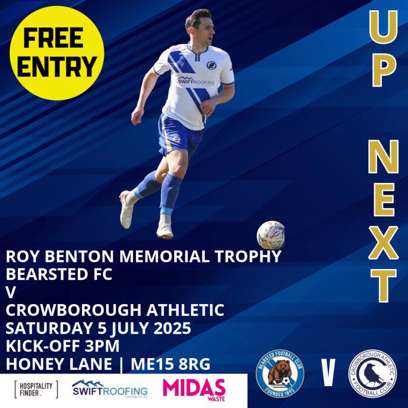 Bearsted_FC's tweet image. Our first game of the season is at Honey Lane this Saturday in the Roy Benton Memorial Trophy. Entry is FREE so come along enjoy the football, weather and some great food and drink #bearstedfc #bears @NonLeagueCrowd @SCEFLeague @CrowboroughAFC