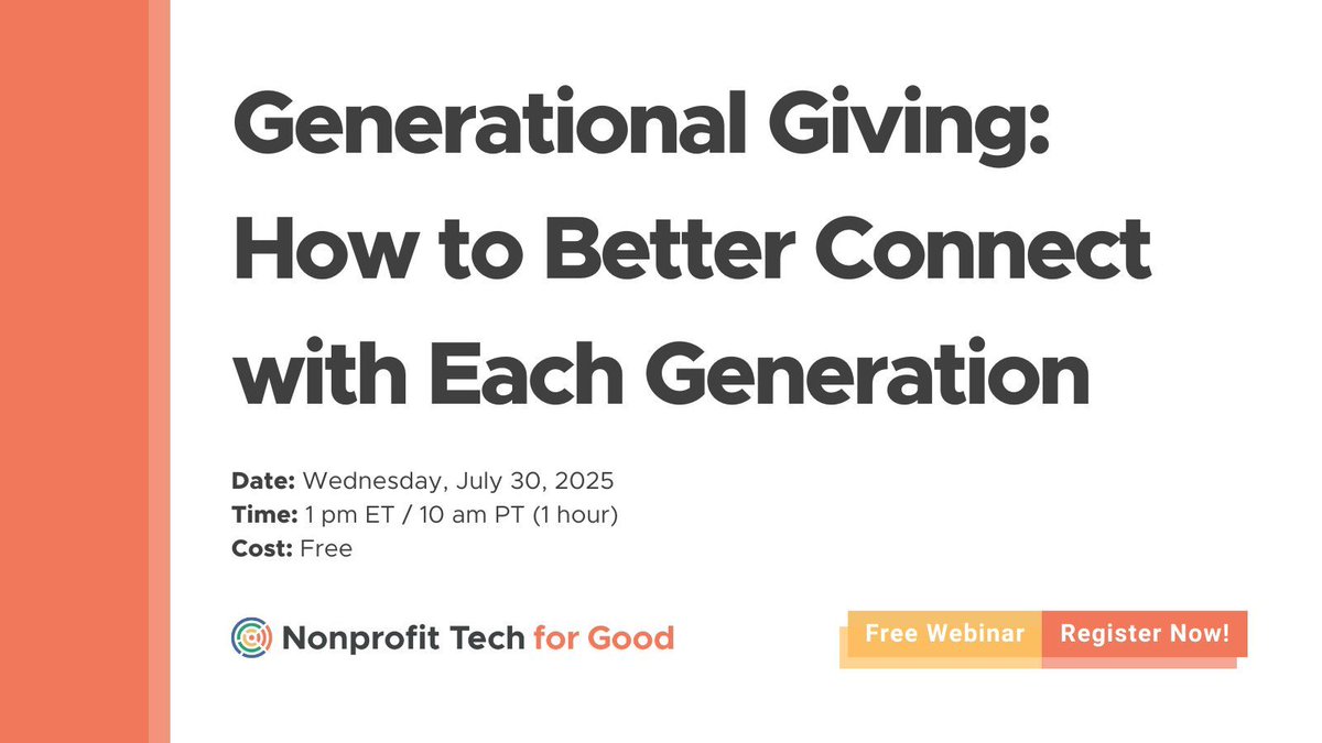 Join this free 60-minute webinar on July 30 to learn more about how different generations prefer to get involved with your nonprofit and the communication and giving preferences of Gen Z through Baby Boomers: buff.ly/igIu21T Presented by <a href="/BloomerangTech/">bloomerang</a> ✅
