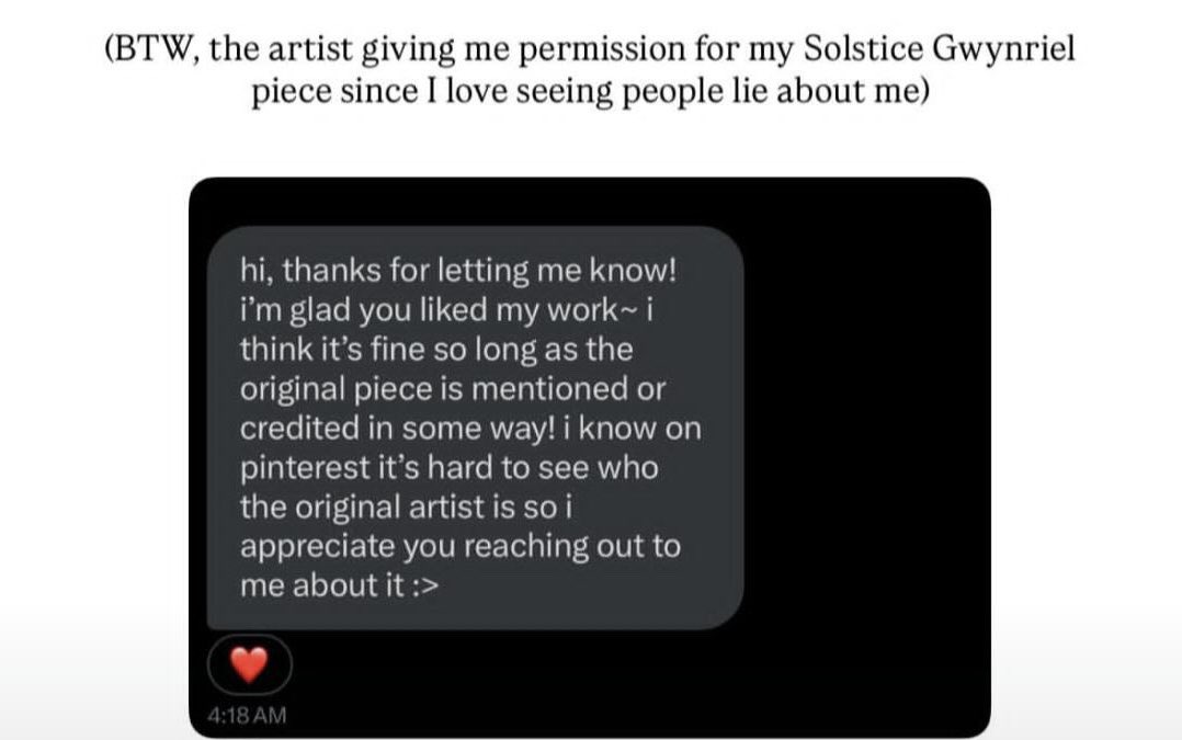 SaraAnneReads's tweet photo. The artist approved sharing the screenshots to correct the lie. This creator did NOT get permission before copying their art. She sought it after the copied art was posted. Timestamps don’t lie. Copied art was posted in December. Message to OG artist was sent in January https://t.co/lY6DJAAgU9