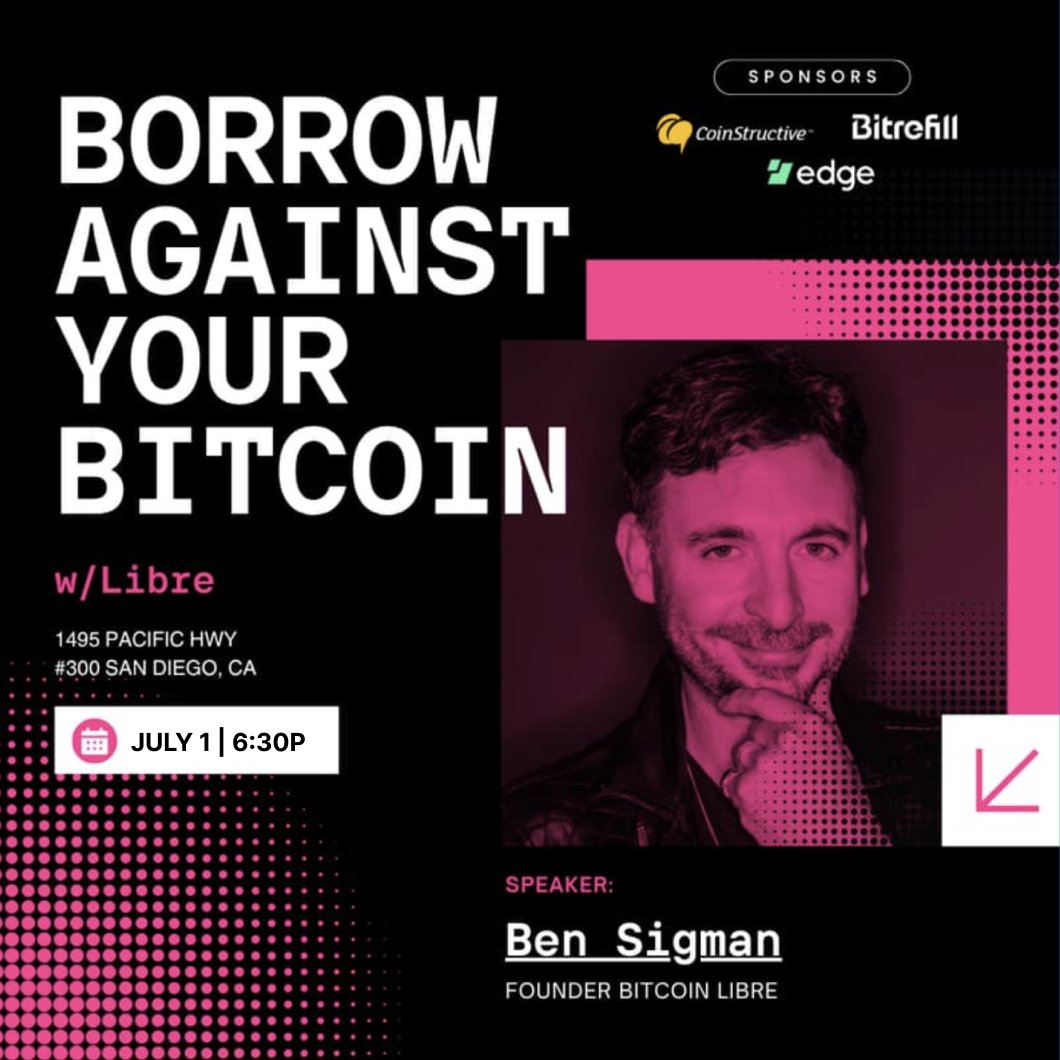 Libre (@libredotorg) on Twitter photo Join <a href="/bensig/">Ben Sigman</a> + special guest <a href="/dotkrueger/">Fred Krueger</a> Tuesday night in San Diego โ to discuss Bitcoin-backed loans on Libre - the First Native BTC lending marketplace.
Borrow (or lend) directly, no wrapping. Join <a href="/bensig/">Ben Sigman</a> + special guest <a href="/dotkrueger/">Fred Krueger</a> Tuesday night in San Diego โ to discuss Bitcoin-backed loans on Libre - the First Native BTC lending marketplace.
Borrow (or lend) directly, no wrapping.