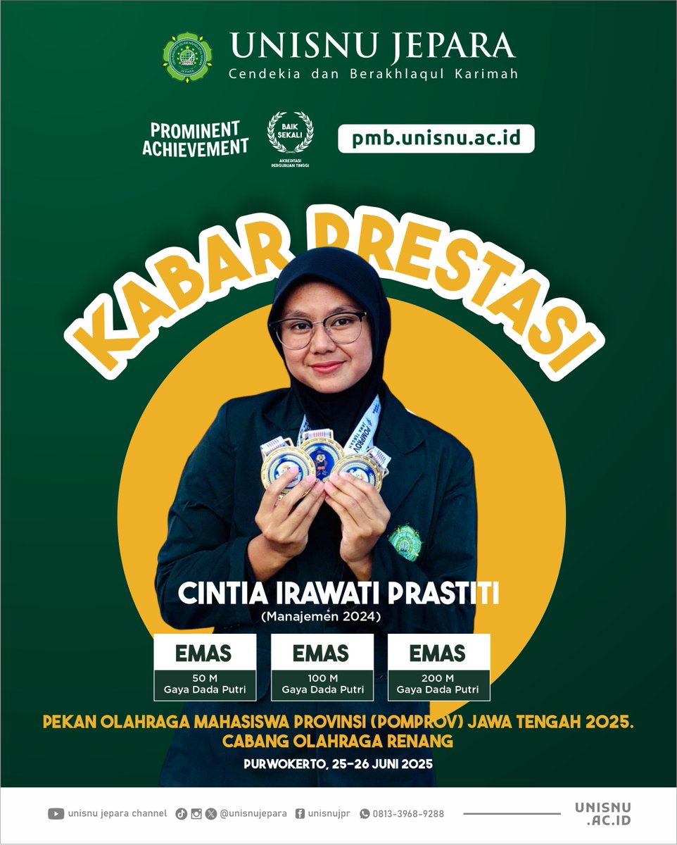 Prestasi Mahasiswa UNISNU kembali hadri dari Cabor Renang dalam POMPROV Jateng 2025. Selamat ya Kak Cintia Irawati Prastiti