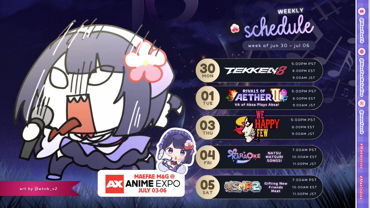 MaeFaeCh's tweet image. 📅 𝐓𝐡𝐢𝐬 𝐖𝐞𝐞𝐤’𝐬 𝐒𝐜𝐡𝐞𝐝𝐮𝐥𝐞 📅
A little obsessed with fighting games this week… #MaeDays

💭 “No one thinks about you as much as you do. Learn to do your best without any eyes watching.&quot; #Maentality

🌸youtube.com/@MaeFaeCh🌸