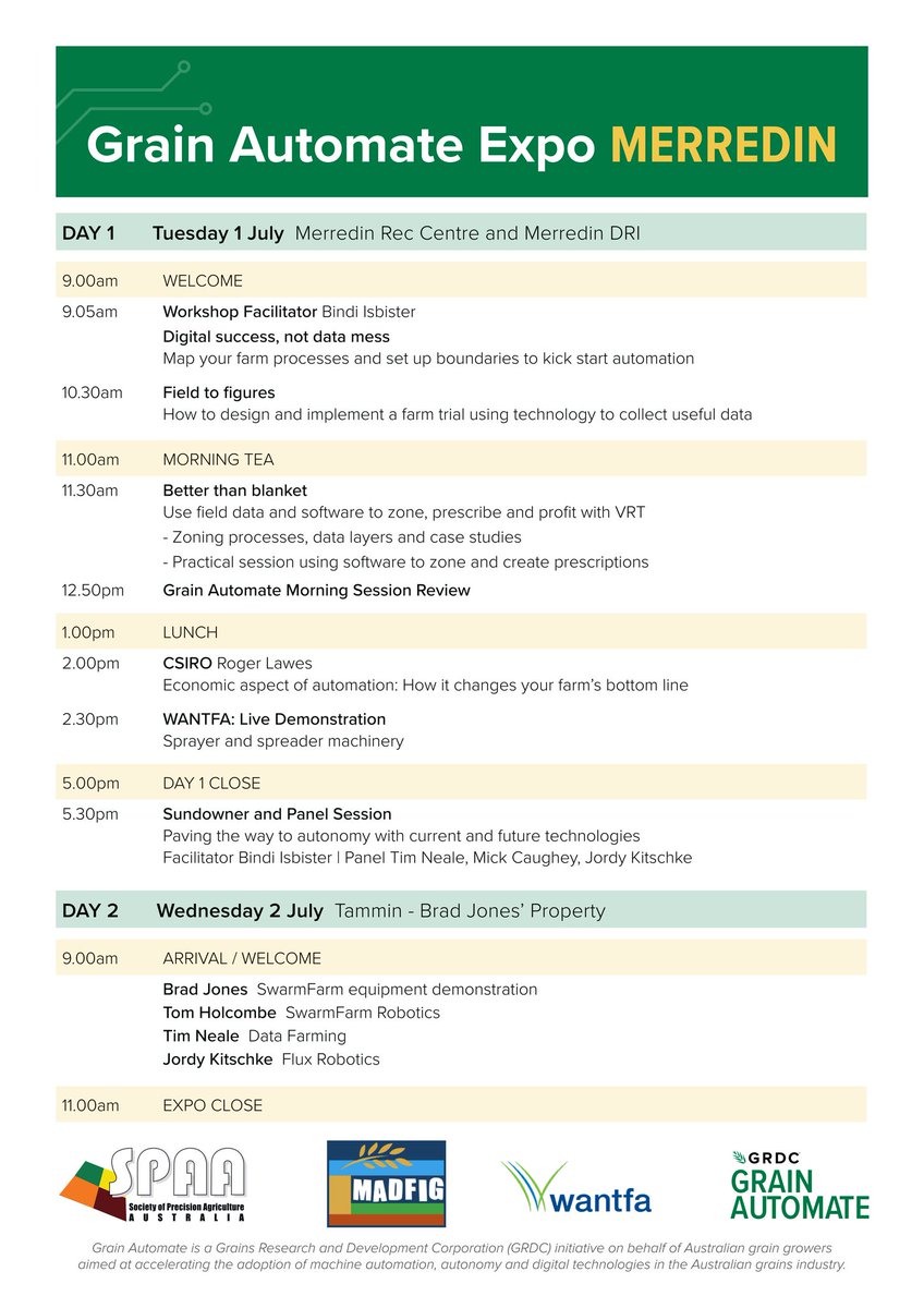 Farmers don't forget the Grain Automate Expos are on at Merredin tomorrow and Wickepin Thursday. Followed by live Farm Machinery demos in the afternoon. See flyers for more info. These are free events for all WA farmers to attend. Please register if possible or see you there.