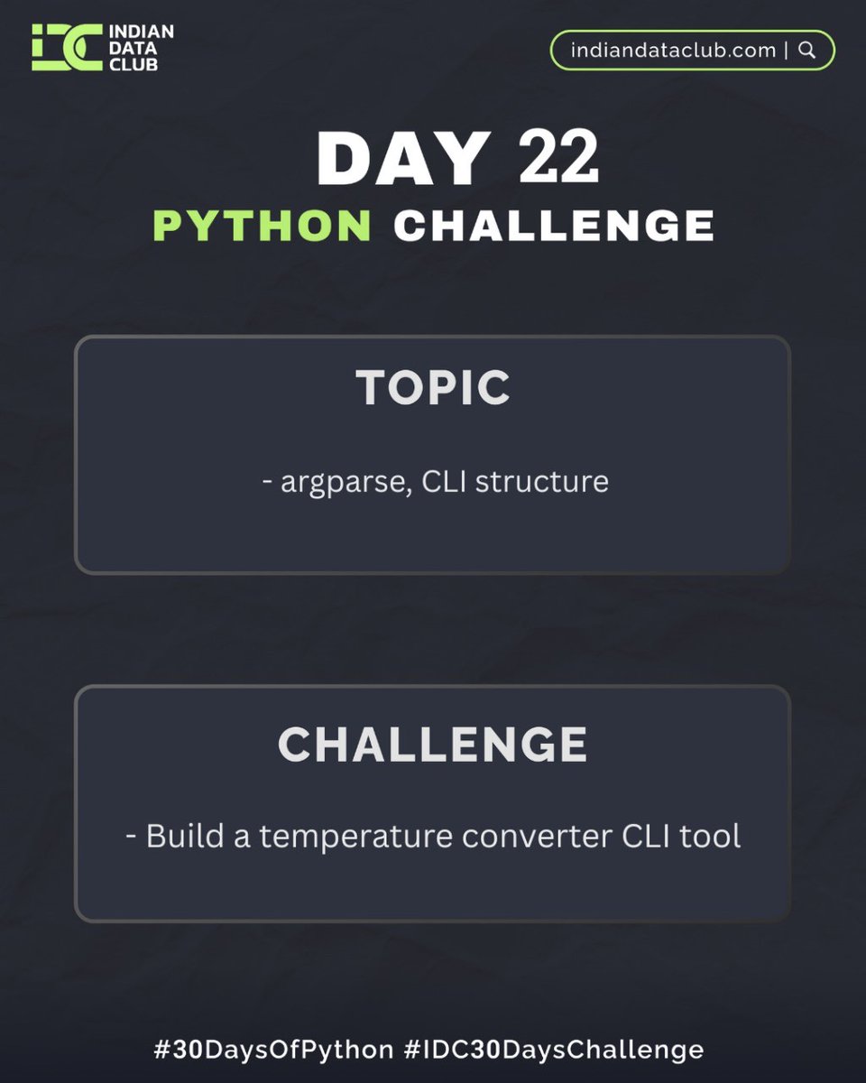 DARSHIL_Analyst's tweet image. #Day22 of #30DaysPythonChallenge 🐍 of @indiandataclub
💻 Learned to build a CLI with argparse
🔹 Positional & keyword arguments
🔹 Created a temp converter CLI tool
✅ Reused try/except & my FileHandler
More CLI power, more understanding!
#Python #CLI #IndianDataClub