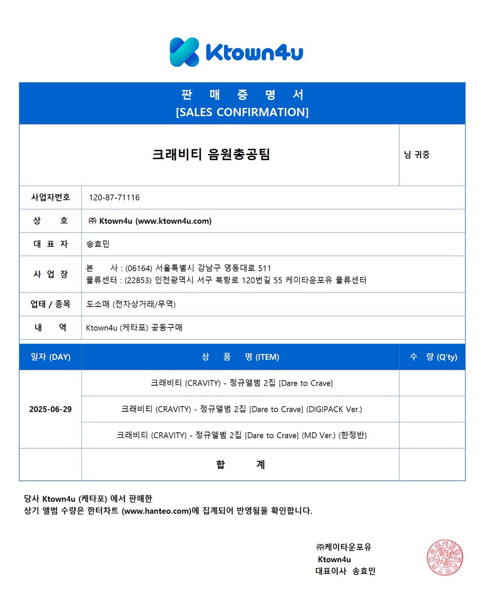 CRAVITY_STRM's tweet photo. 📢 크래비티 정규 2집 공동구매 확인서 (케이타운포유)

1차 : 2025.06.05 ~ 2025.06.23
2차 : 2025.06.25 ~ 2025.06.29
총 두번의 공구 진행이 있었던 정규 2집 Dare to Crave (모든 버전 포함) 공구 앨범 전량이 한터 차트에 정상 반영되었습니다‼️

공구를 통해 구매해주신 러비티 여러분들께 감사드리며 다음에도 많은 참여 바랍니다☺️