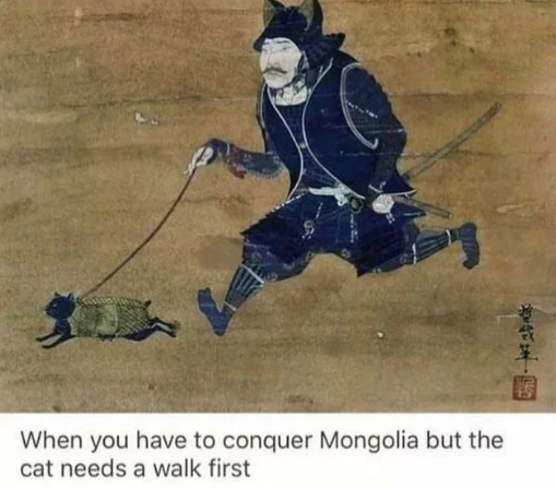 saberspray's tweet photo. I've found the first ancient cat meme that comes from ancient feudal japan. This was a general walking his new pet cat Minamoto before fighting the Mongolians. Source is here https://t.co/WEVAGaO7la https://t.co/TEgTmX0lHq