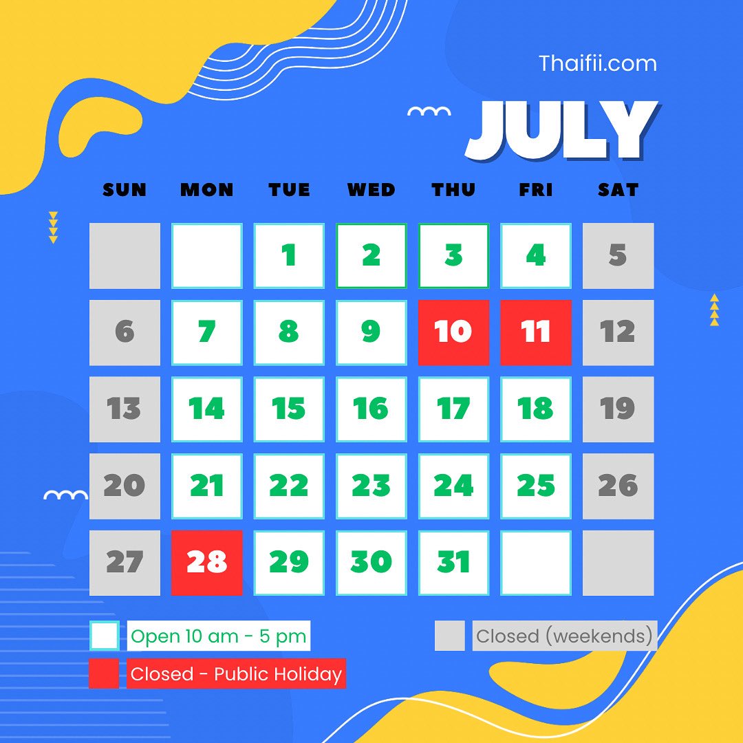 ThaifiiService's tweet photo. ✨ July Work Schedule ✨

🟩 Green: Open 10 AM–5 PM
⚪️ Grey: Closed (Weekends)
🔴 Red: Closed (Holidays)

📩 If you have any questions, feel free to DM us or email support@thaifii.com.

#Thaifii #ThaifiiProxyService https://t.co/O3F2BxfP8u