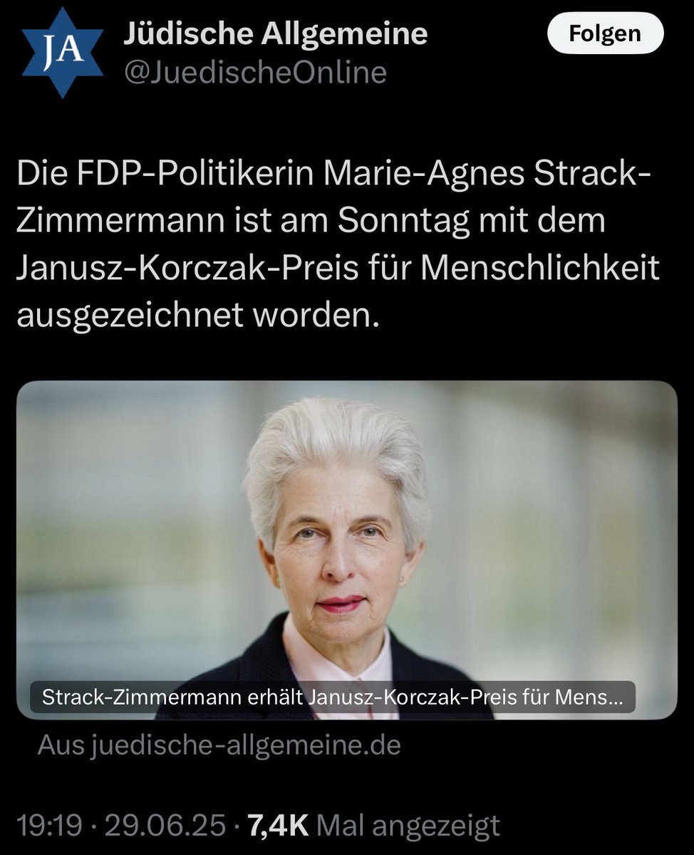 Herzlichen Glückwunsch!
Niemand hätte den Preis mehr verdient als die Frau, die wie keine andere für die Herstellung von militärischen Gütern steht, welche Menschen in Stücke zerreißen.