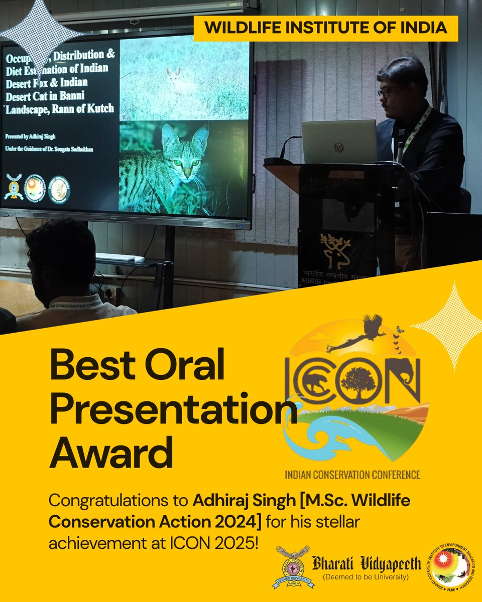 BVIEER, Pune (@bvieerpune) on Twitter photo Congratulations to <a href="/Adhiraj_Singh00/">Adhiraj Singh</a> for being awarded Best Oral Presentation of the session at <a href="/iccon_india/">ICCON 2025</a> , hosted by the prestigious <a href="/wii_india/">Wildlife Institute of India</a>!🏆
His MSc thesis, "Elusive Felines and the Edges of Coexistence", stood out for its depth and relevance in wildlife conservation Congratulations to <a href="/Adhiraj_Singh00/">Adhiraj Singh</a> for being awarded Best Oral Presentation of the session at <a href="/iccon_india/">ICCON 2025</a> , hosted by the prestigious <a href="/wii_india/">Wildlife Institute of India</a>!🏆
His MSc thesis, "Elusive Felines and the Edges of Coexistence", stood out for its depth and relevance in wildlife conservation