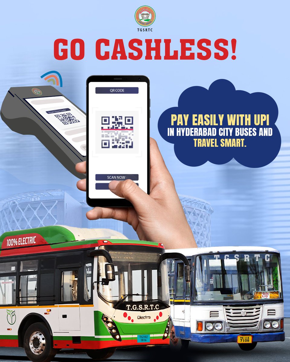 Regional Manager-Hyderabad (City operations) (@rmhrtsrtc) on Twitter photo Go Cashless, Go Smart!
Now pay your bus fare in Hyderabad city buses using UPI – quick, easy, and hassle-free.
Just scan and go!
<a href="/TGSRTCHQ/">TGSRTC</a>
<a href="/SajjanarOffice/">Office of V.C. Sajjanar, IPS</a>
<a href="/Ponnam_INC/">Ponnam Prabhakar</a>
<a href="/TelanganaCMO/">Telangana CMO</a>
#TakingTelanganaforward
#TGSRTC #Hyderabad #SmartTravel #UPIPayments Go Cashless, Go Smart!
Now pay your bus fare in Hyderabad city buses using UPI – quick, easy, and hassle-free.
Just scan and go!
<a href="/TGSRTCHQ/">TGSRTC</a>
<a href="/SajjanarOffice/">Office of V.C. Sajjanar, IPS</a>
<a href="/Ponnam_INC/">Ponnam Prabhakar</a>
<a href="/TelanganaCMO/">Telangana CMO</a>
#TakingTelanganaforward
#TGSRTC #Hyderabad #SmartTravel #UPIPayments