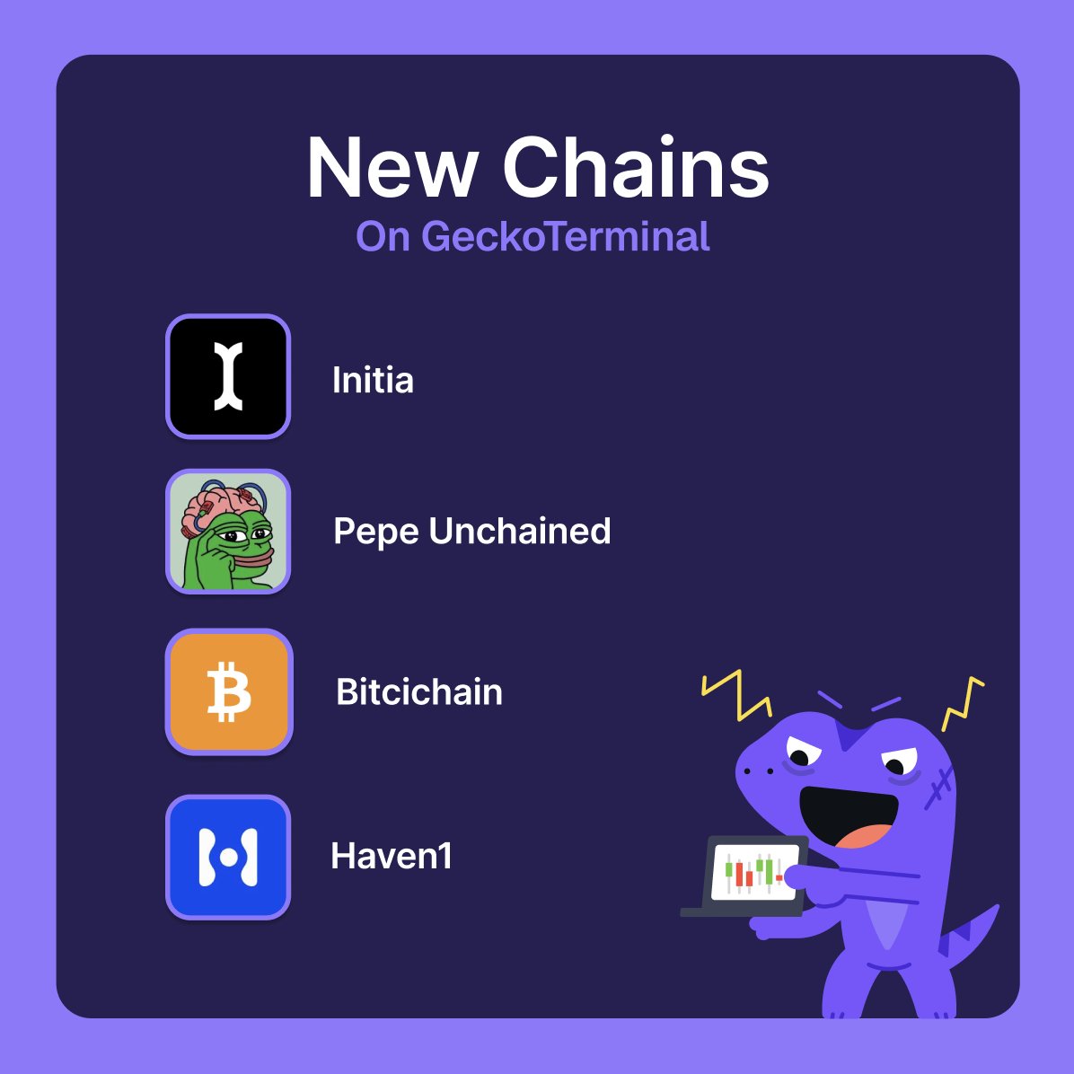 GeckoTerminal's tweet photo. 4 New Chains on GeckoTerminal 🔥🔥

@initia 
@MemeonPepu 
@bitcicomglobal 
@Haven1official https://t.co/cbY0BE7Khf
