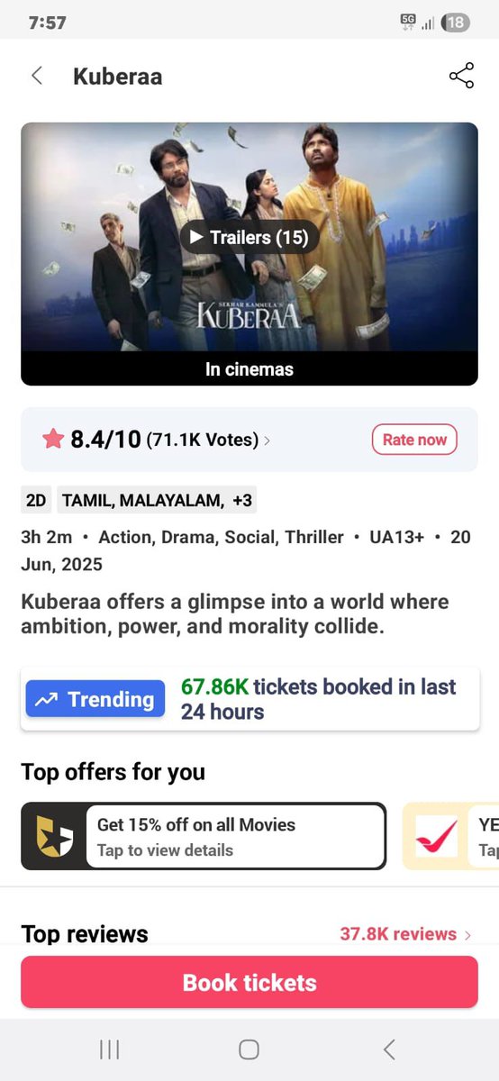 SouthCinemaOffl's tweet photo. ๐จ#Kuberaa dominates the box office!
A massive 67.86K tickets booked in the last 24 hours on Second Sunday!
๐ Setting new records on BookMyShow Trending โ proving once again, Content is King ๐๐ฅ
#MegaBlockbuster #KuberaaStorm #BoxOfficeBlaze #ContentIsKing โจ https://t.co/04gKWSEH9q