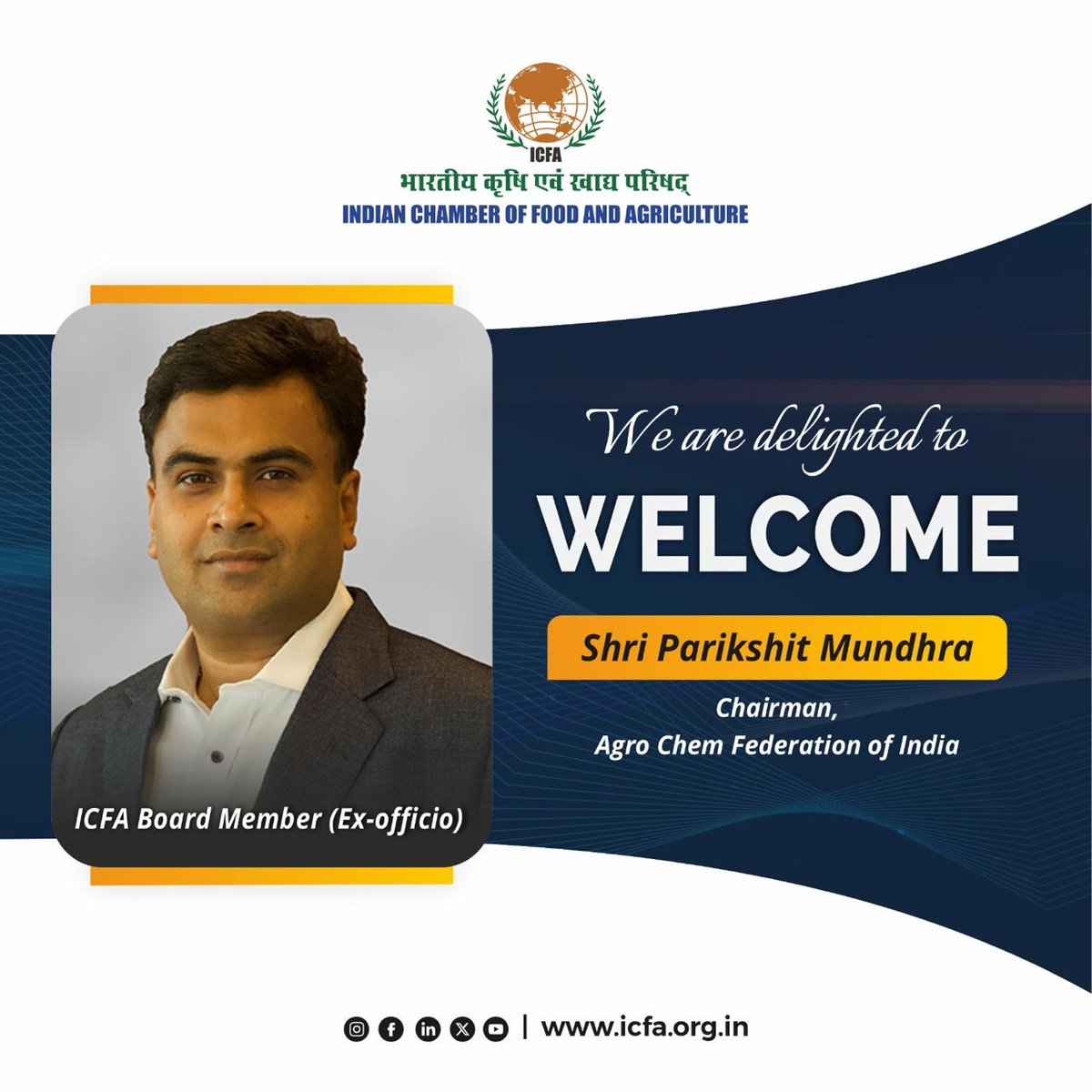 We are Delighted to welcome Shri Parikshit Mundhra, Chairman, Agro Chem Federation of India, as ICFA Board Member (Ex-officio)! 🌾
Your leadership will strengthen our agri mission.
#ParikshitMundhra #ICFA #AgriLeadership #AgroChem #SustainableAgri