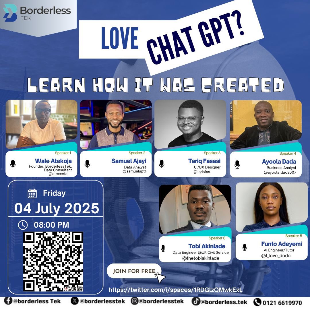 Wale Atekoja(Black Kids Coding In UK) (@atexxeta) on Twitter photo You love chatGPT?
Free AI class to learn how it was built commences soon…
Join on X space to ask questions on what would be taught and how it would be taught.
Date: Friday, 04/07/2025
Time: 8pm
Link:
x.com/i/spaces/1RDGl…
Sponsored by <a href="/BorderlessTek/">Borderless Technology</a> You love chatGPT?
Free AI class to learn how it was built commences soon…
Join on X space to ask questions on what would be taught and how it would be taught.
Date: Friday, 04/07/2025
Time: 8pm
Link:
x.com/i/spaces/1RDGl…
Sponsored by <a href="/BorderlessTek/">Borderless Technology</a>