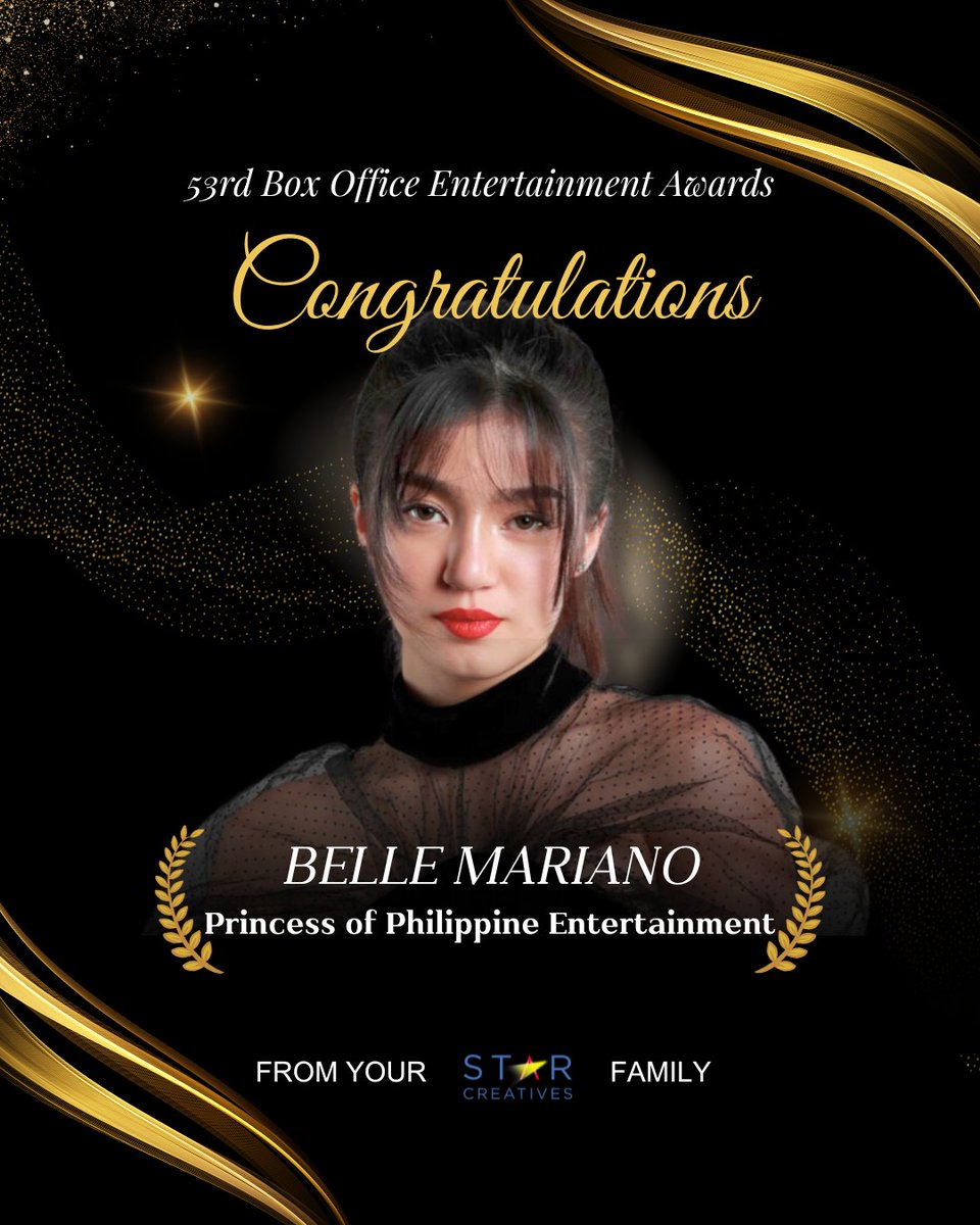 👑 Congratulations to #BelleMariano for being crowned the #PrincessOfPhilippineEntertainment at the #53rdBoxOfficeAwards!

Keep shining!

Your Star Creatives Family is always proud of you! 🌟