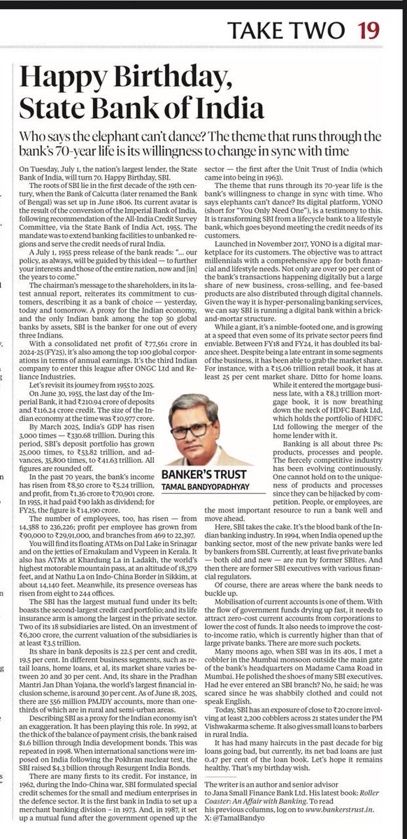 Tamal Bandyopadhyay (@tamalbandyo) on Twitter photo Who says the elephant can’t dance? Look at State Bank of India which turns 70 tomorrow. Happy Birthday, in advance. Latest #BankersTrust in <a href="/bsindia/">Business Standard</a> <a href="/TheOfficialSBI/">State Bank of India</a> <a href="/ChairmanIba/">Chairman IBA</a> Who says the elephant can’t dance? Look at State Bank of India which turns 70 tomorrow. Happy Birthday, in advance. Latest #BankersTrust in <a href="/bsindia/">Business Standard</a> <a href="/TheOfficialSBI/">State Bank of India</a> <a href="/ChairmanIba/">Chairman IBA</a>
