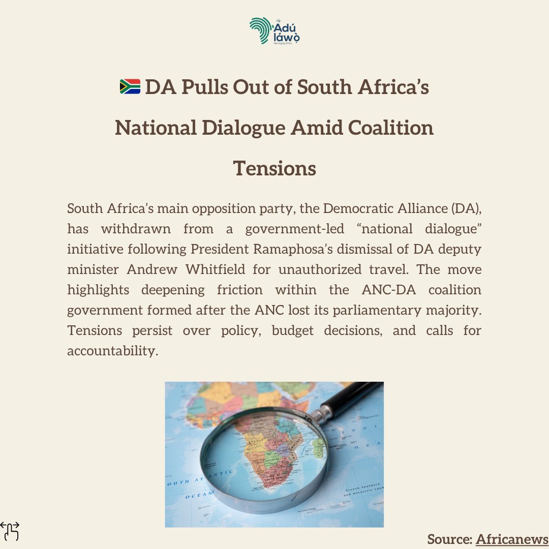 🤯 South Africa’s DA pulls out of national dialogue after deputy minister sacked—highlighting coalition strain. 

#SouthAfrica #DA #Politics #TheAdulawo #AfricanNews