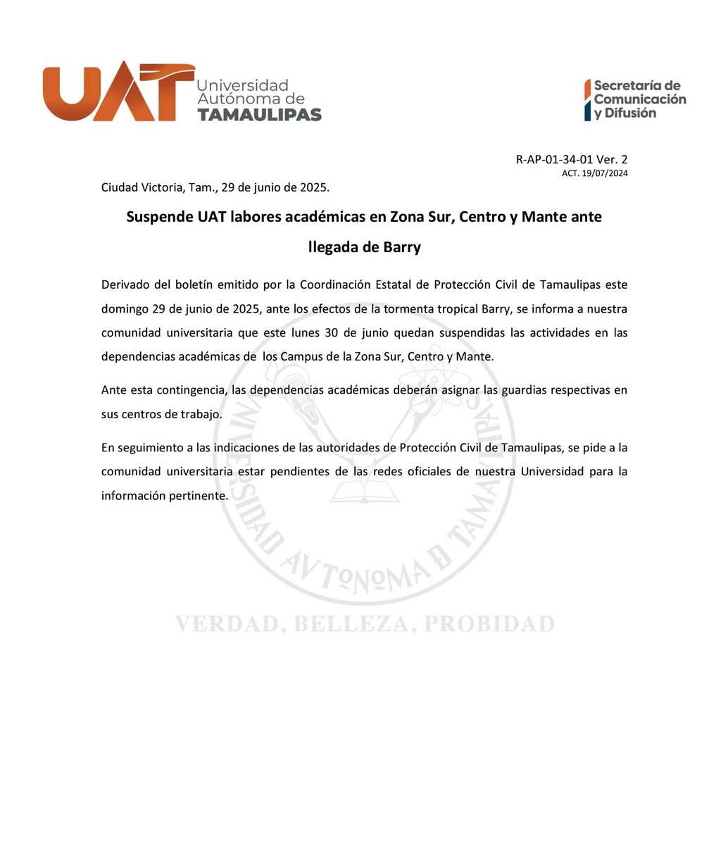 #BasedeDatos Suspende <a href="/UAT_mx/">Universidad Autónoma de Tamaulipas</a> labores académicas en Zona Sur, Centro y Mante ante llegada de #TormentaTropical #Barry