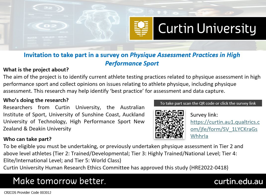 📣 Have you conducted physique assessments with athletes in Aus or NZ in the last 3 yrs?
Take part in a survey on CURRENT PRACTICES IN HIGH-PERFORMANCE SPORT
 🔗 curtin.au1.qualtrics.com/jfe/form/SV_1L… 
#SportScience #PhysiqueAssessment