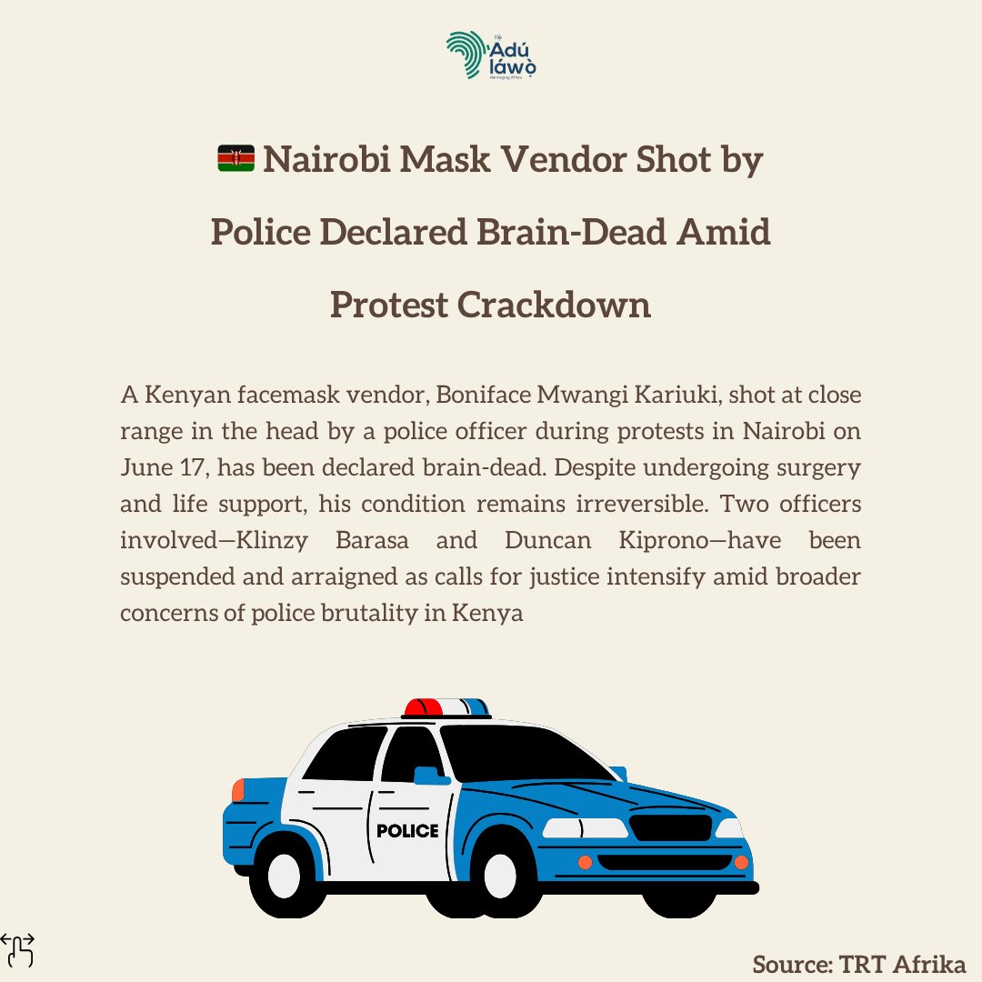 💔 Nairobi mask vendor shot by police during protest has been declared brain-dead. 

Two officers suspended amid rising public outrage. 

#Kenya #PoliceBrutality #HumanRights #TheAdulawo #AfricanNews