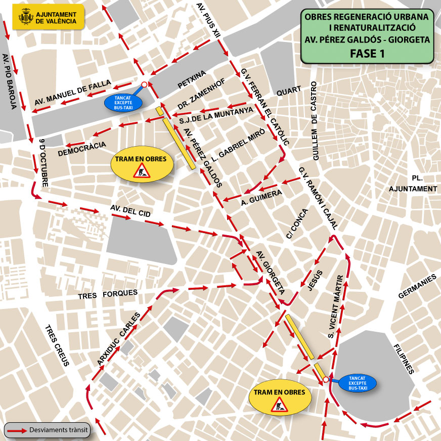 Trànsit València (@transitvalencia) on Twitter photo ⚠️👷Obres Pérez Galdós-Giorgeta
⭕️Tancat tram entre St Vicent Màrtir i Jesús.
A partir del dimecres es talla el tram entre Petxina i Cartagena.
❌Excepcions: <a href="/emtvalencia/">EMT València</a>, 🚖 i residents.
Desviaments recomanats: Ronda Sud i/o Grans Vies.
ℹ️ perezgaldosgiorgeta.es
#trànsitVLC ⚠️👷Obres Pérez Galdós-Giorgeta
⭕️Tancat tram entre St Vicent Màrtir i Jesús.
A partir del dimecres es talla el tram entre Petxina i Cartagena.
❌Excepcions: <a href="/emtvalencia/">EMT València</a>, 🚖 i residents.
Desviaments recomanats: Ronda Sud i/o Grans Vies.
ℹ️ perezgaldosgiorgeta.es
#trànsitVLC