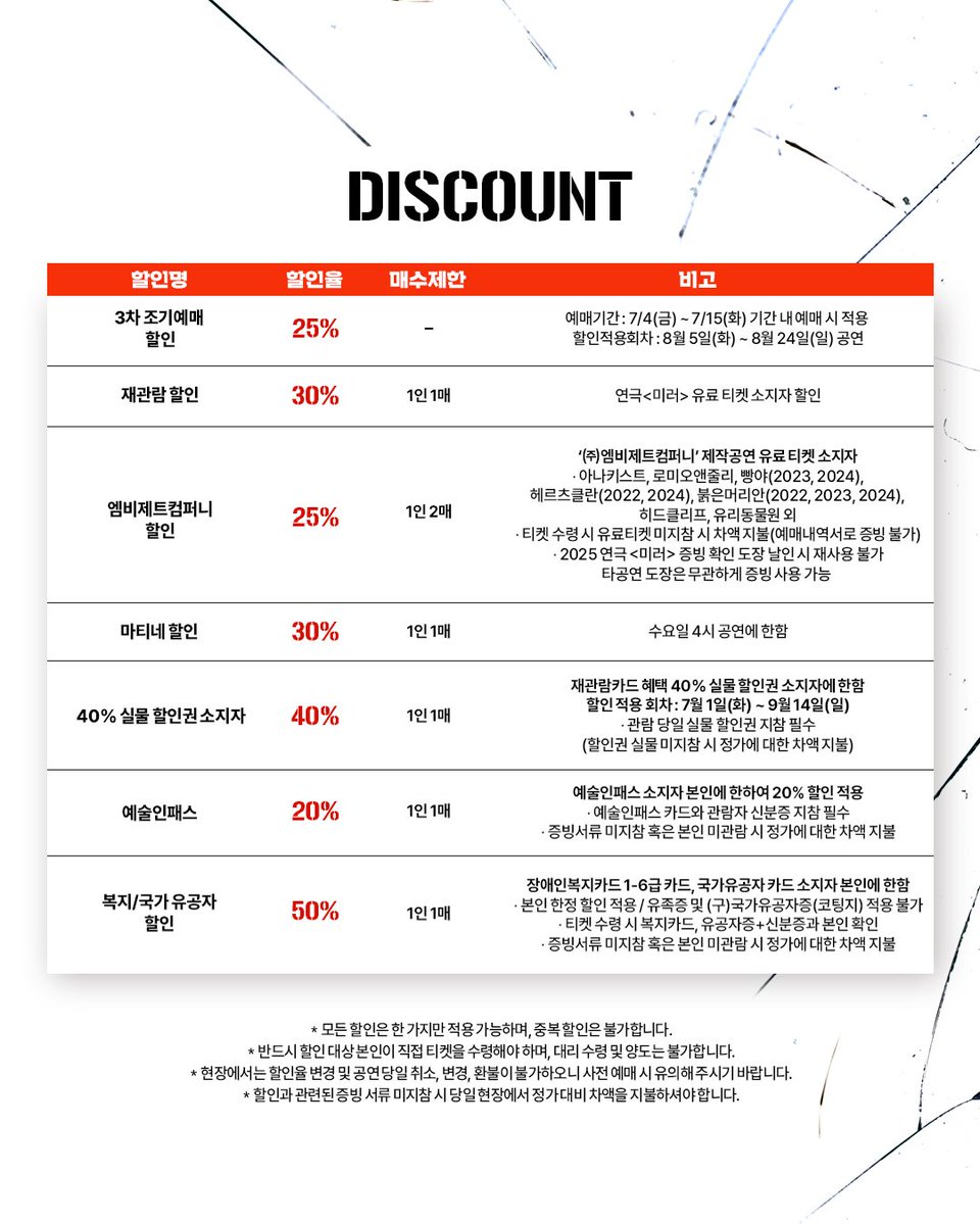 [#연극미러] 3차 티켓오픈 안내

공연정보 &amp; 좌석배치도 안내 &amp; 할인율 안내

오픈 일시 | 7/4(금) 오후 2시
오픈 회차 | 8/5(화) ~ 8/24(일)
예매처 | 예스24티켓

자세한 내용은 이미지 참고 부탁드립니다.

- 
연극 <미러(A Mirror)>
2025. 06.24-09.14 
예스24아트원 1관