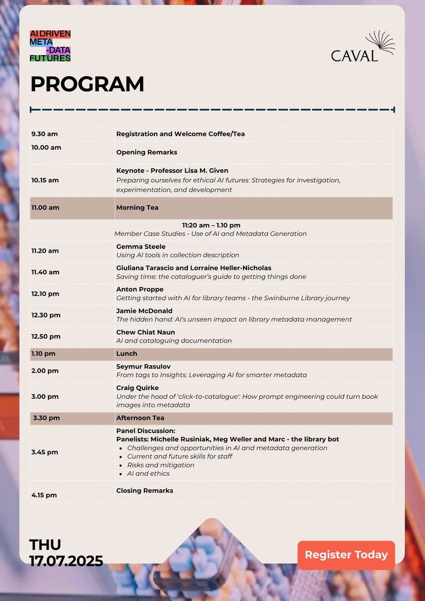 Cavaledu's tweet image. 🎉 Join us for 'AI-Driven Metadata Futures'! 🚀 Limited spots! Register now ow.ly/4z7n50Wi7P9 #AIinLibraries #MetadataFutures #LibraryInnovation #LibraryTech #AIandEthics
