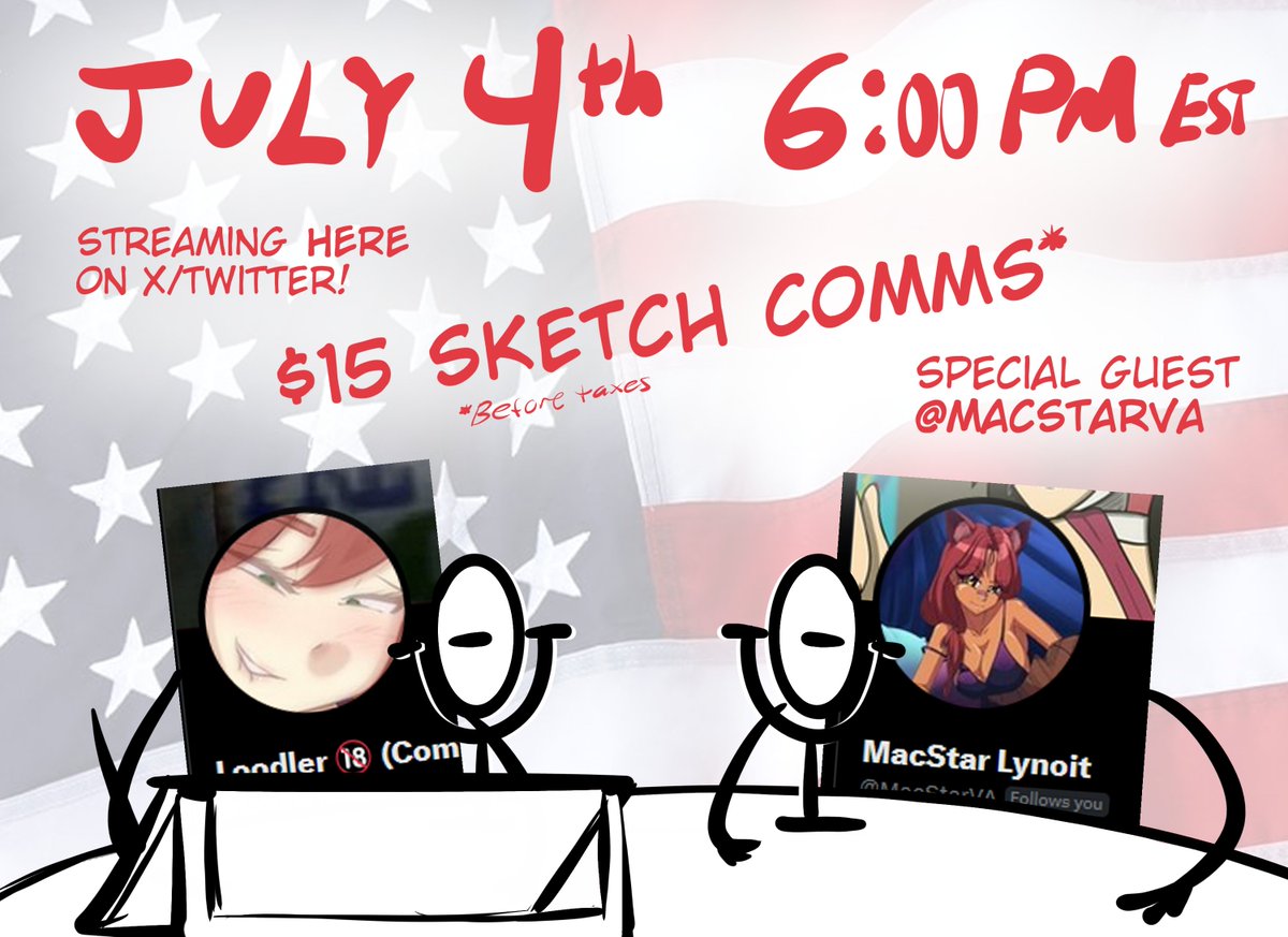Loodler 🔞 (Comms Open) (@loodler_doodler) on Twitter photo New stream going LIVE🔴 this Friday, July 4th at 6:00 PM PST!
Joining me will be special guest <a href="/MacStarVA/">MacStar Lynoit</a>! Hope to see you all there! New stream going LIVE🔴 this Friday, July 4th at 6:00 PM PST!
Joining me will be special guest <a href="/MacStarVA/">MacStar Lynoit</a>! Hope to see you all there!