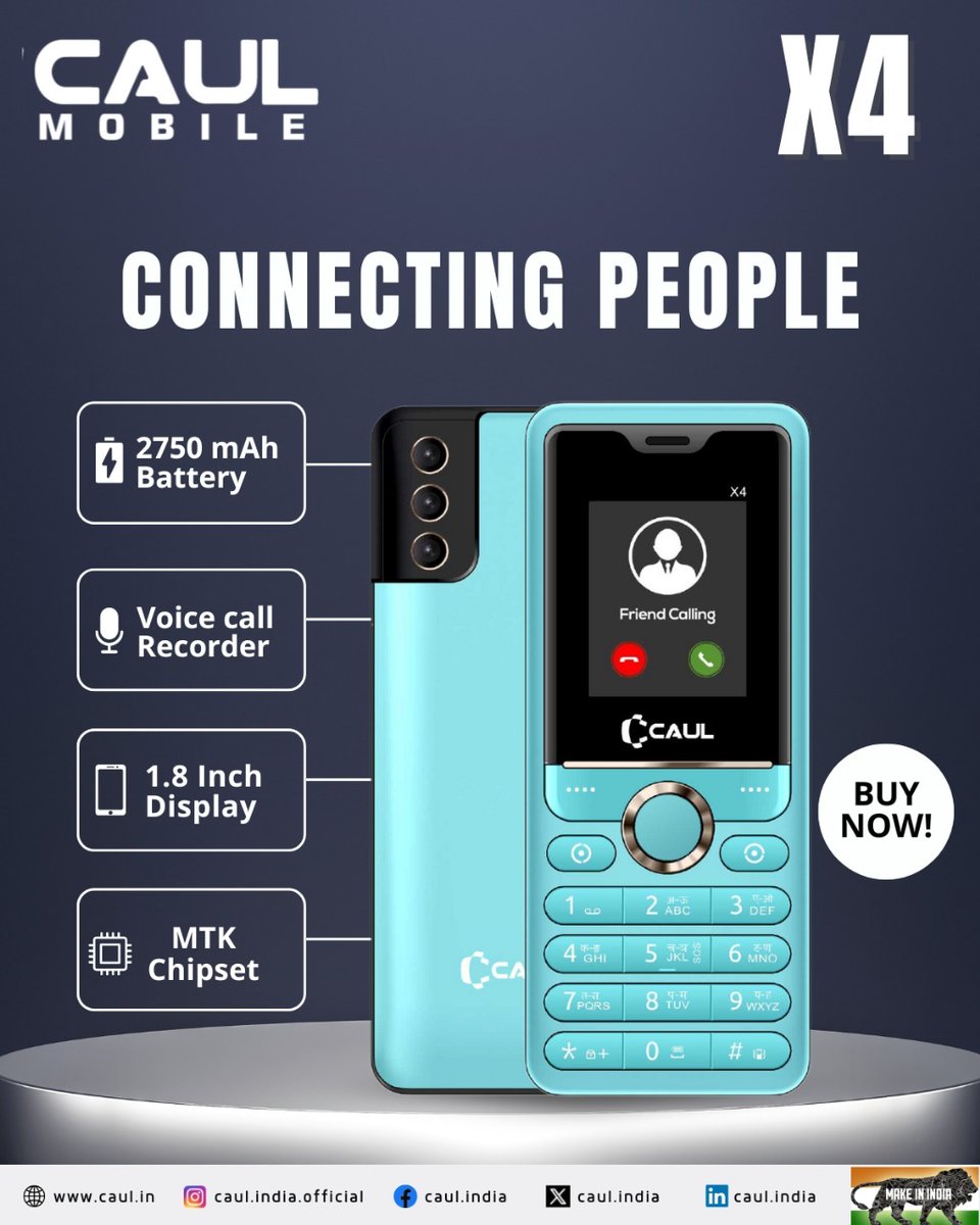 CaulIndia's tweet image. Caul X4 — Power meets precision.
1.8&quot; display, 2750mAh battery, MTK chipset, and Auto Call Recorder for reliability and style.

For inquiries, contact us: +91-9990330058
.
#X4Power #CaulMobile #ReliableTech #LongLastingBattery #KeypadPhone #AutoCallRecorder #MadeInIndia