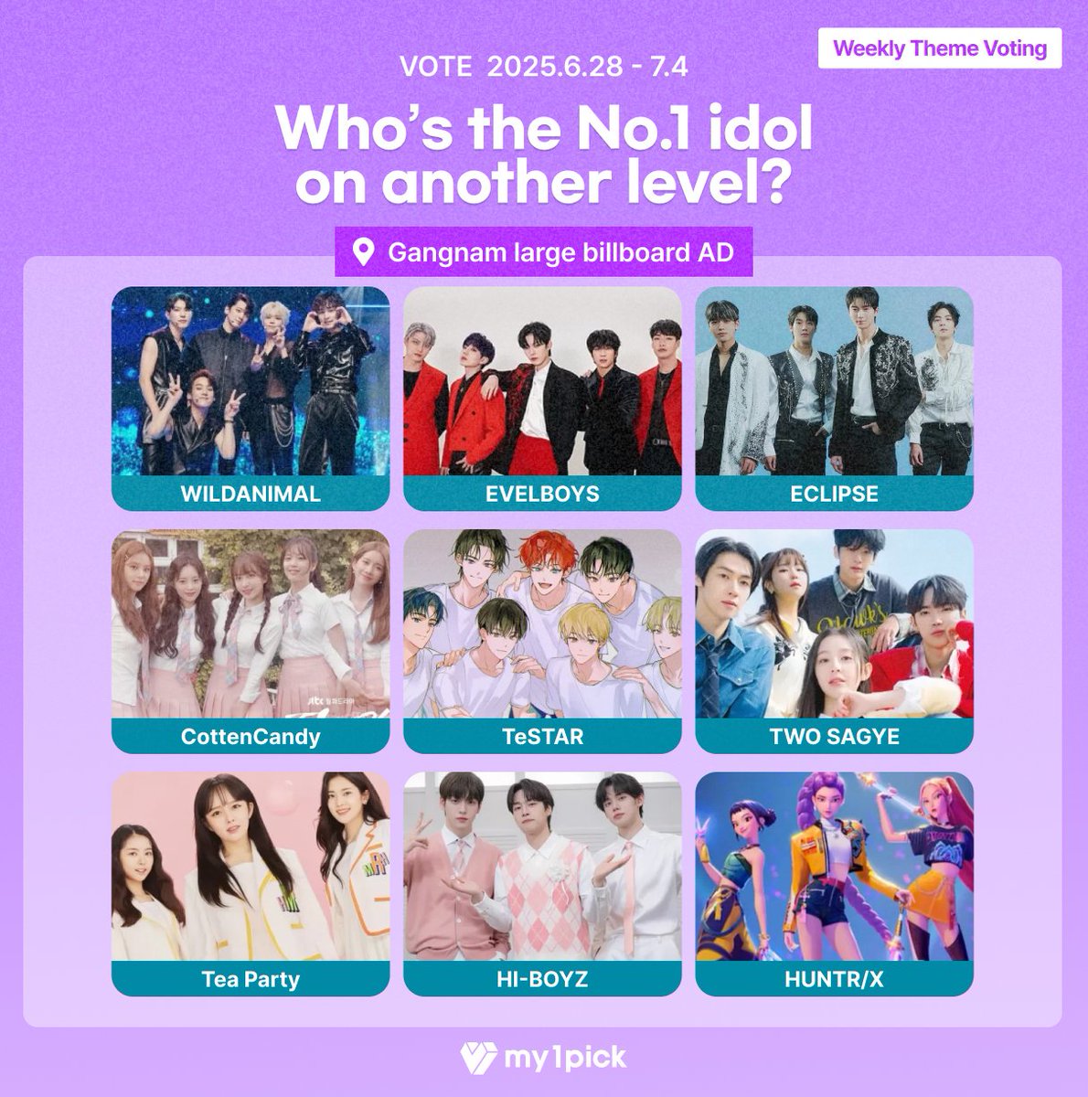 twt_my1pick's tweet image. #my1pick #WeeklyThemeVote 

☄️ Who’s the No.1 idol
on another level?
🎁 The No.1 star will be featured in a Gangnam Large billboard AD!

🔗 fsn-app.my1pick.com/app/link/theme…

#TNB #TheDawn #DREAMSWEET #LUNA #MARS #VTIC #SAjABOYS #SHAX #Sparkling #WILDANIMAL #EVELBOYS #ECLIPSE #CottenCandy