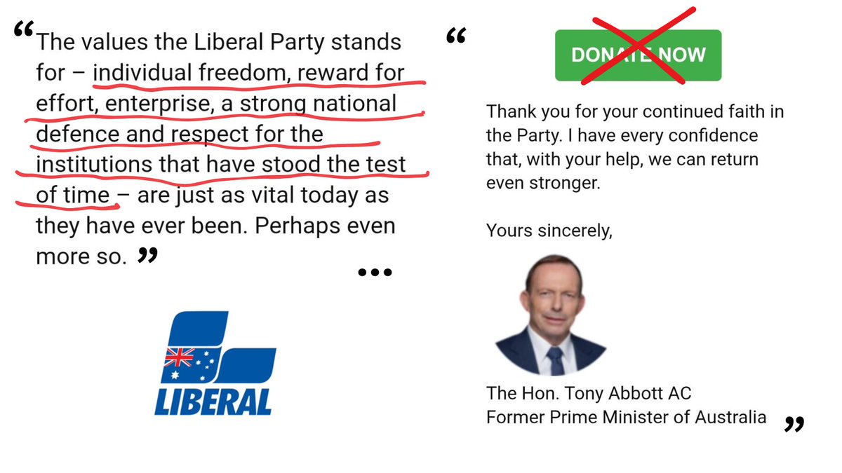 I won’t be donating to the modern Liberal party, no matter who asks. Neither will anyone who cares about the future of Australia.

I received an email today, from a friend and a man that I respect. A former Prime Minister of Australia. Sure, it was just a form letter most likely