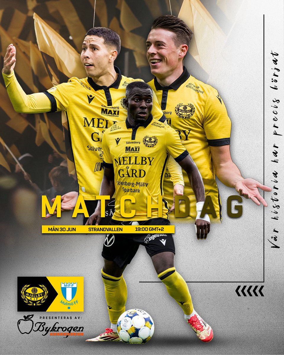 MjallbyAIFs's tweet photo. ⚽️ | MATCHDAG! 💛🖤

🆚 @Malmo_FF 
🏟️ Strandvallen 
🗓️ Måndag 30 Juni 
🕖 19:00
🎟️ SLUTSÅLT
📺 Max

#MjällbyAIF #Allsvenskan2025 https://t.co/VoVqnITkzq