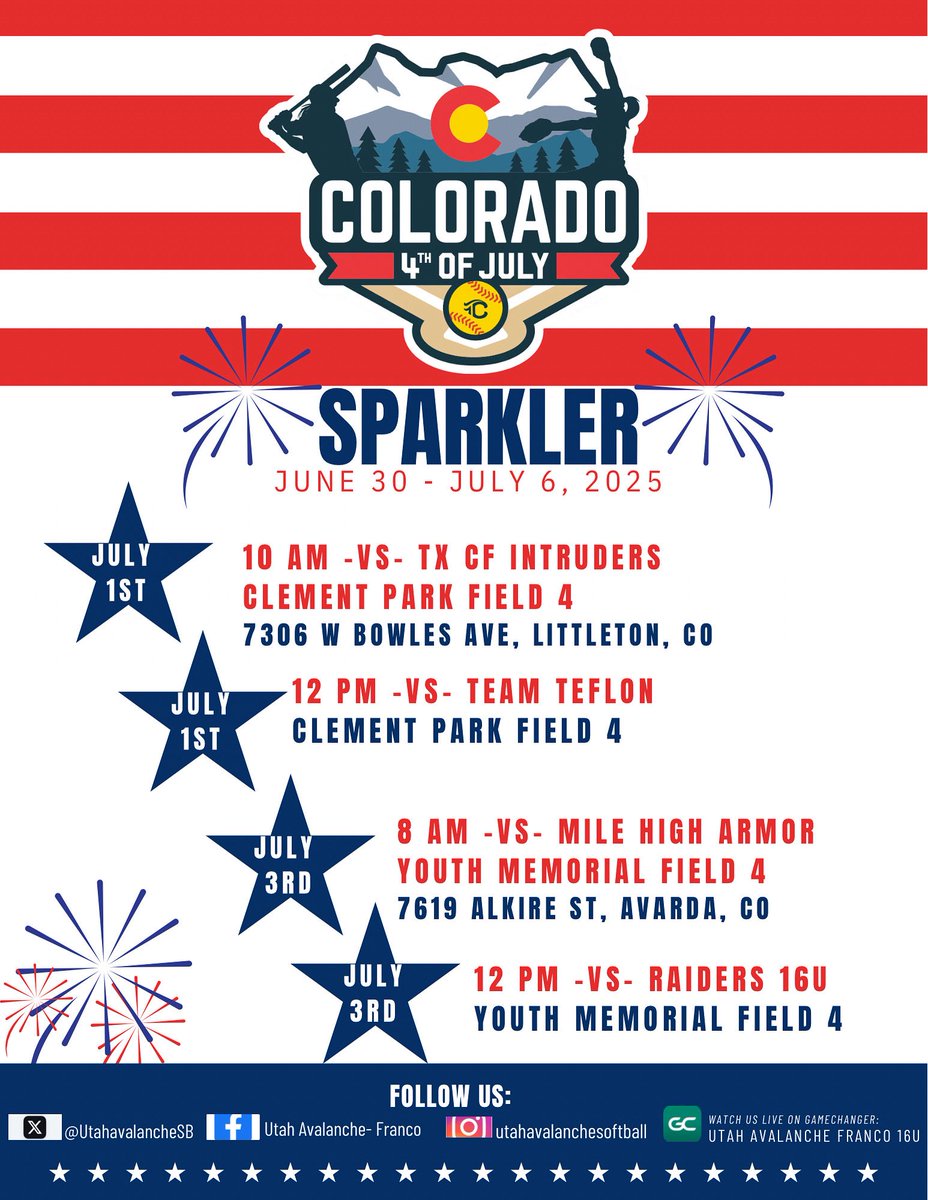 Utah Avalanche Franco (@utahavalanchesb) on Twitter photo 🎆 Sparkler Pool Play Schedule
July 1st -📍Clement Park Field 4 ⏰ 10a & Noon
July 3rd - 📍Youth Memorial Field 4 ⏰ 8a & Noon
Let’s Go Avalanche!!!
#tcfastpitch #sparkler #utahavalanchesoftball
<a href="/triplecrownspts/">Triple Crown Sports</a> 🎆 Sparkler Pool Play Schedule
July 1st -📍Clement Park Field 4 ⏰ 10a & Noon
July 3rd - 📍Youth Memorial Field 4 ⏰ 8a & Noon
Let’s Go Avalanche!!!
#tcfastpitch #sparkler #utahavalanchesoftball
<a href="/triplecrownspts/">Triple Crown Sports</a>