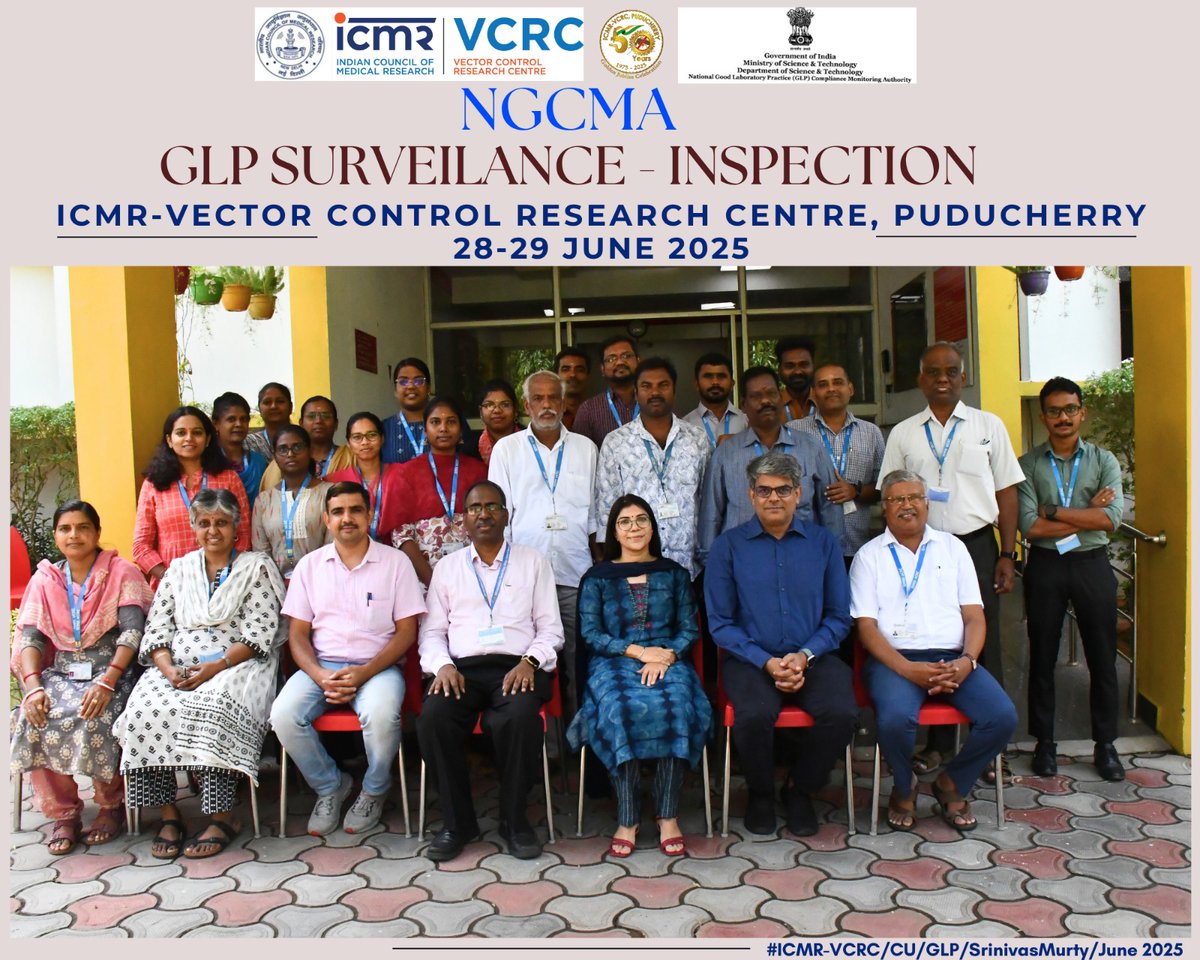 ICMRNIVCR's tweet photo. GLP Surveillance Inspection was conducted @ICMRVCRC, 28–29 June by NGCMA.
The inspection team reviewed compliance across SOPs, labs, QA systems & Phase-II LLIN study audits as per GLP-1-101.
#EnsuringQuality #UpholdingTrust
#GLP #InsecticideTesting #VectorControl #50yearsofVCRC https://t.co/sJlzdRNOI6