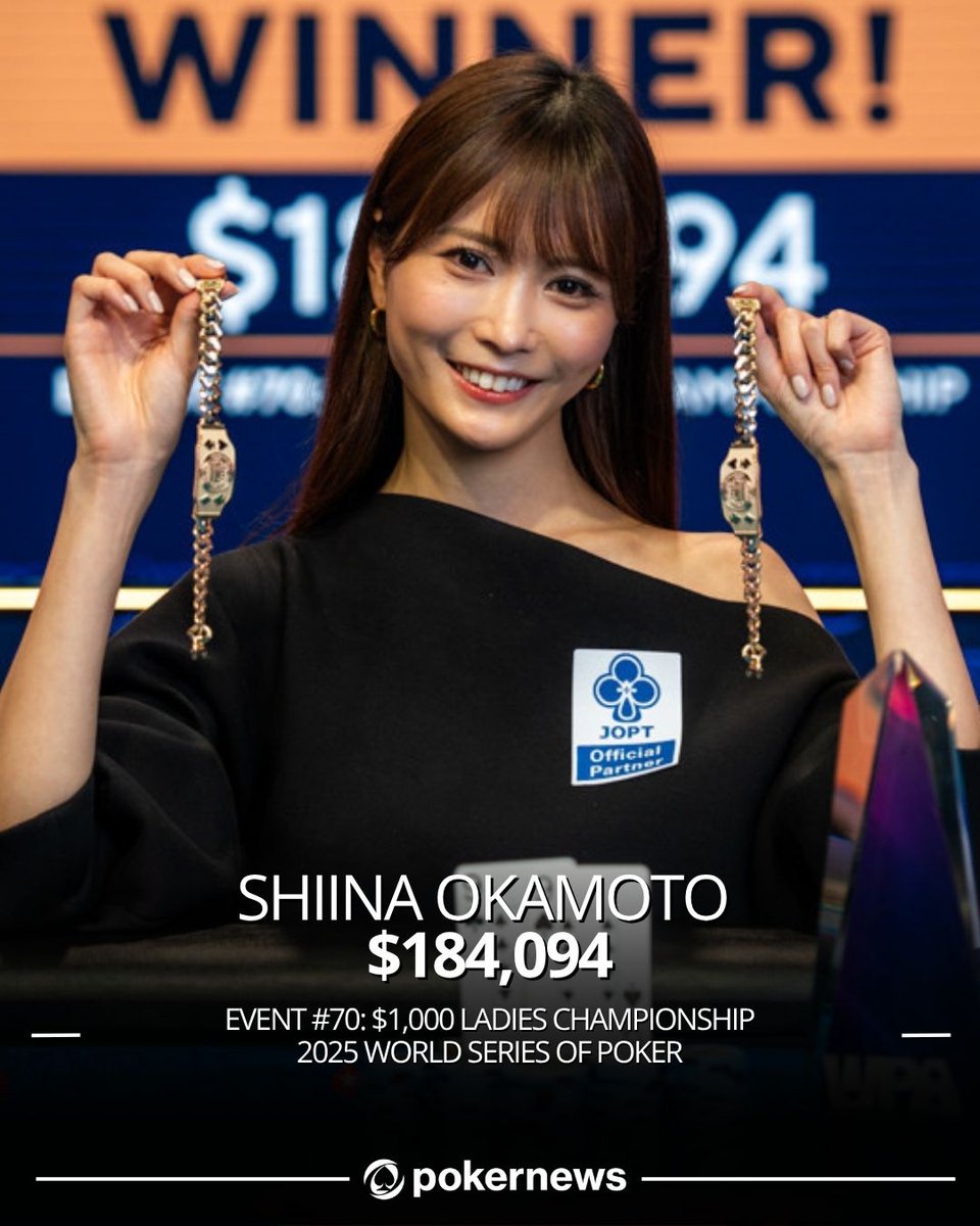 PokerNews's tweet photo. 🏆 @Shiina_pkr 🇯🇵 wins Event #70: $1K WSOP Ladies Championship for $184,094! 💰

👉 She tops 1,368 entries to go back-to-back at the 2025 @WSOP — a historic repeat.

📰 See https://t.co/zf74Xt4De2 for the full event recap
📸: @spensersembrat https://t.co/dA1HT7flR1