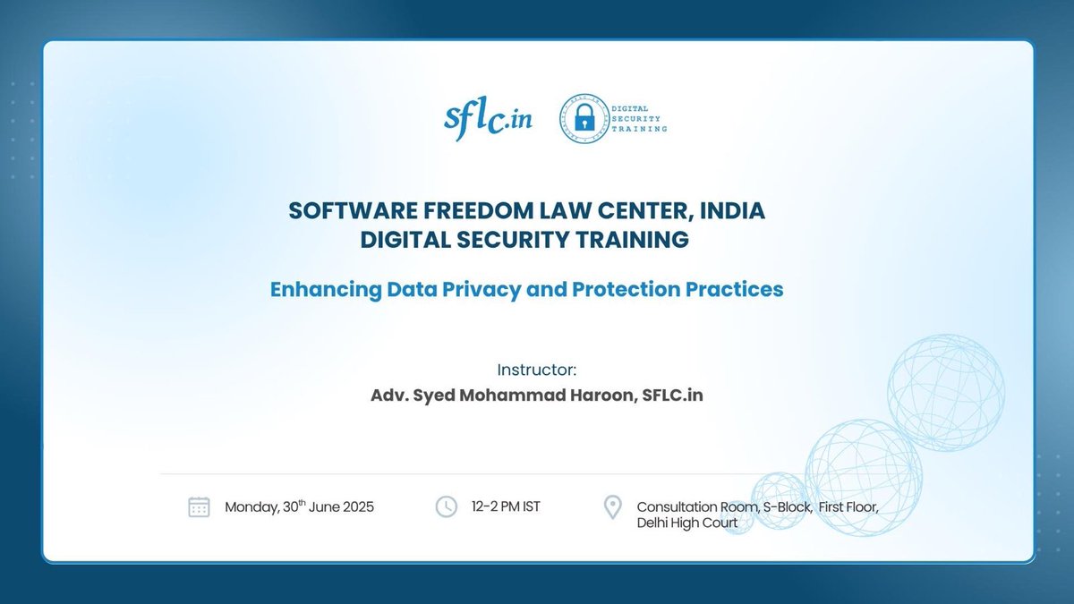 SFLCin's tweet image. #DigitalSecurityTraining #Delhi 

@SFLCin is conducting an essential Digital Security Training exclusively for legal professionals today at Delhi High Court.

Join this session to learn about:
🔹 Practical data privacy measures for your practice.
🔹 Essential digital hygiene to…
