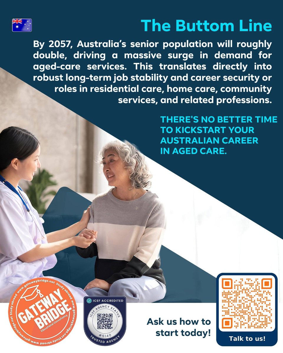 gatewaybridge's tweet image. Want more than just a job? Aged care offers purpose, stability, and a growing future in Australia’s most needed sector

Proceed to gatewaybridge.net/contactus and let us guide your move to Australia.

#StudyInAustralia #HealthcareJobs #GatewayBridge