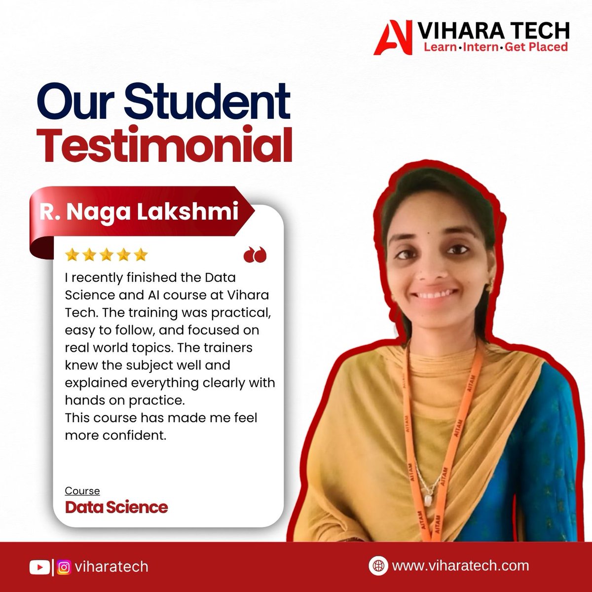 viharatech's tweet image. Meet R. Naga Lakshmi, one of our proud Data Science &amp;amp; AI graduates!
The training at Vihara Tech was practical, easy to follow, and focused on real-world topics. It boosted my confidence!

.

.
.
.
#viharatech #testimony #careergrowth #careerchange #happystudents #virałpost