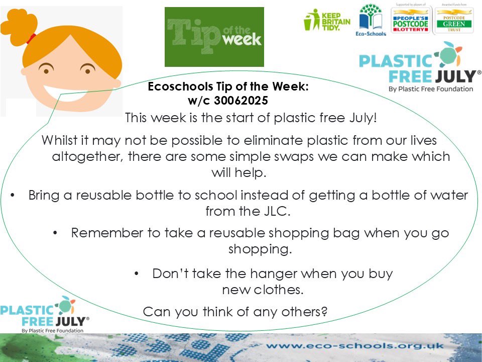 Eco- committee Tip of the Week: Plastic Free July! <a href="/EcoSchools/">Eco-Schools England</a>